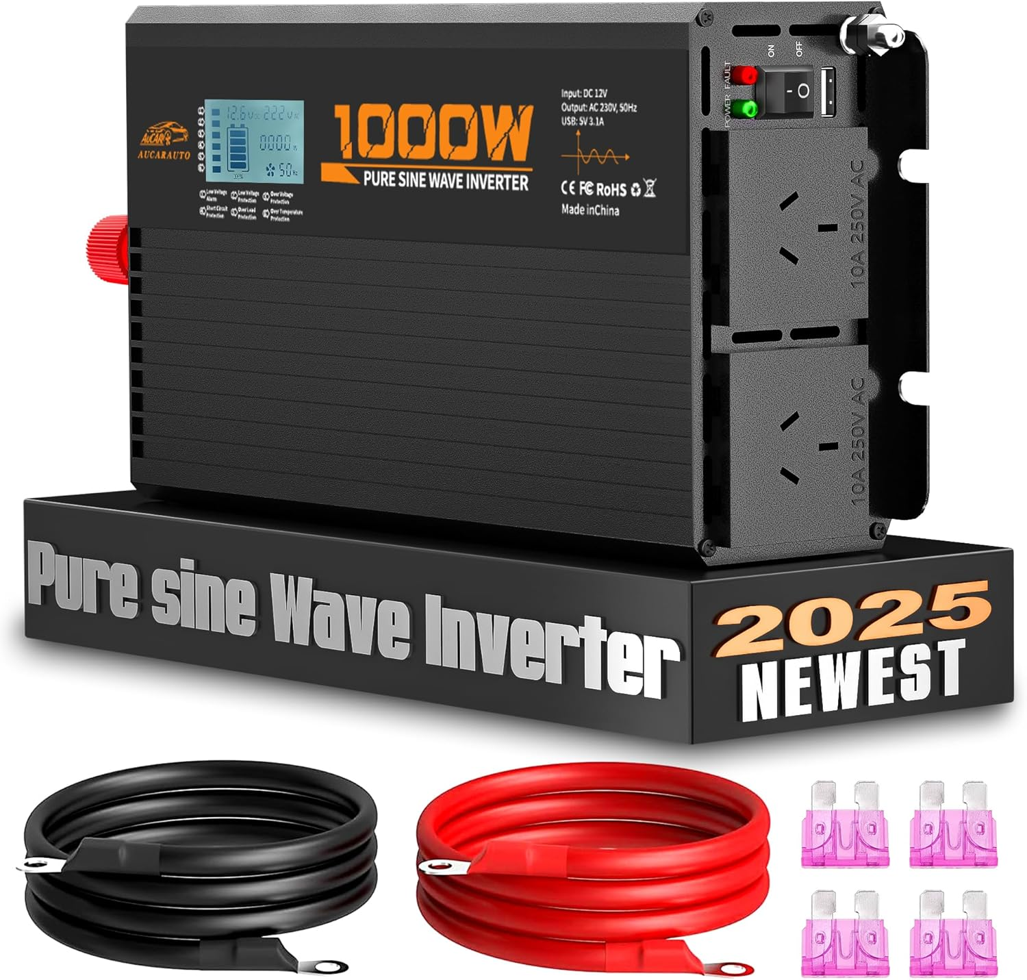1000W Pure Sine Wave Power Inverter 12V DC to 230V/240V AC Car Converter Power Inverter with LCD Display 2 AC Outlets And1 USB Port, for Caravan, Truck, Cabin, Camping, Boat image number 4