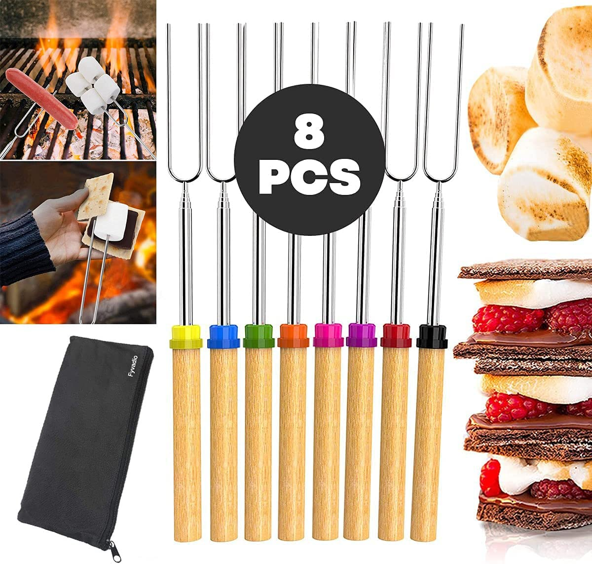 Marshmallow Roasting Sticks, Fyvadio Set of 8 Telescoping Smores Skewers & Hot Dog Forks with Wooden Handle for Fire Pit Campfire - 32 Inch Stainless Steel BBQ Kit for Outdoor Camping image number 2