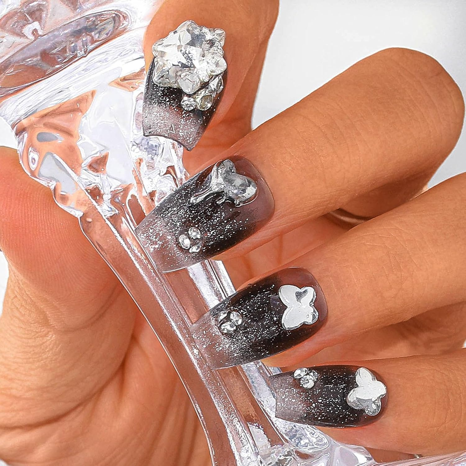 Sethexy Black Gradient Rhinestone Handmade Artificial Nail 3D Crystal Medium Coffin False Nails Sparkle Shiny Press on the Nail Salon Quality for Women and Girls (G) image number 6
