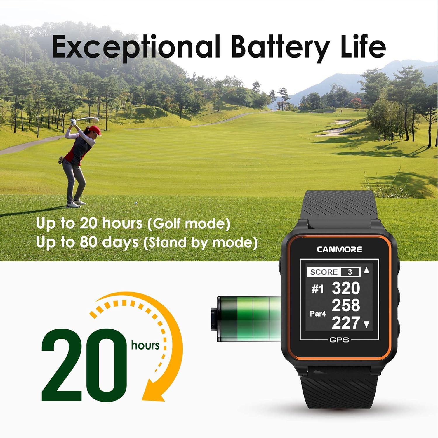 CANMORE TW356 Golf GPS Wearable Device for Men and Women, Free 41,000+ Preloaded Courses Update Worldwide, High Contrast LCD Display, Upgrade IC Chip, Lightweight Essential Accessory for Golfer, Black image number 3