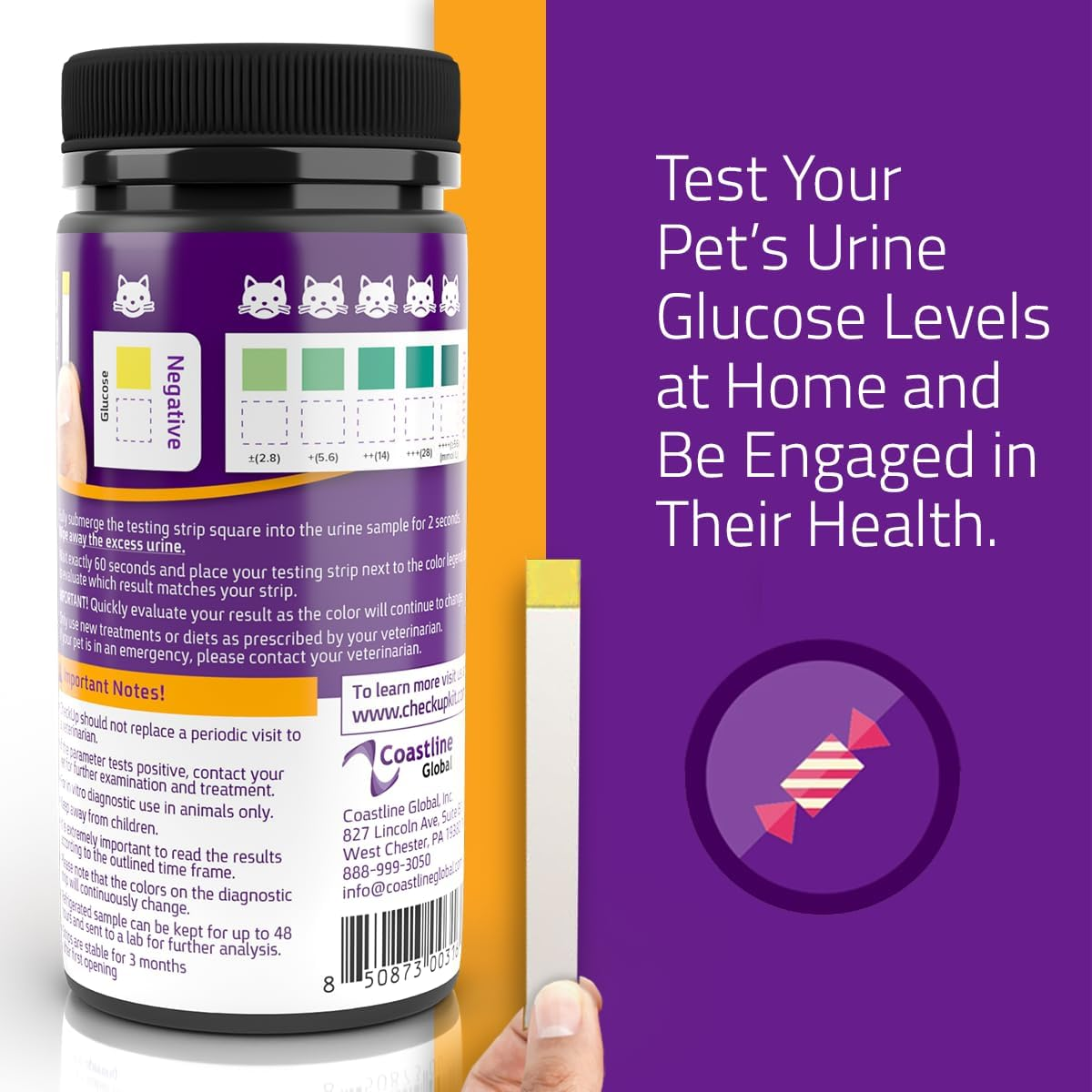Checkup Glucose Urine Testing Strips for Cats and Dogs - Detection of Diabetes X 50 image number 1