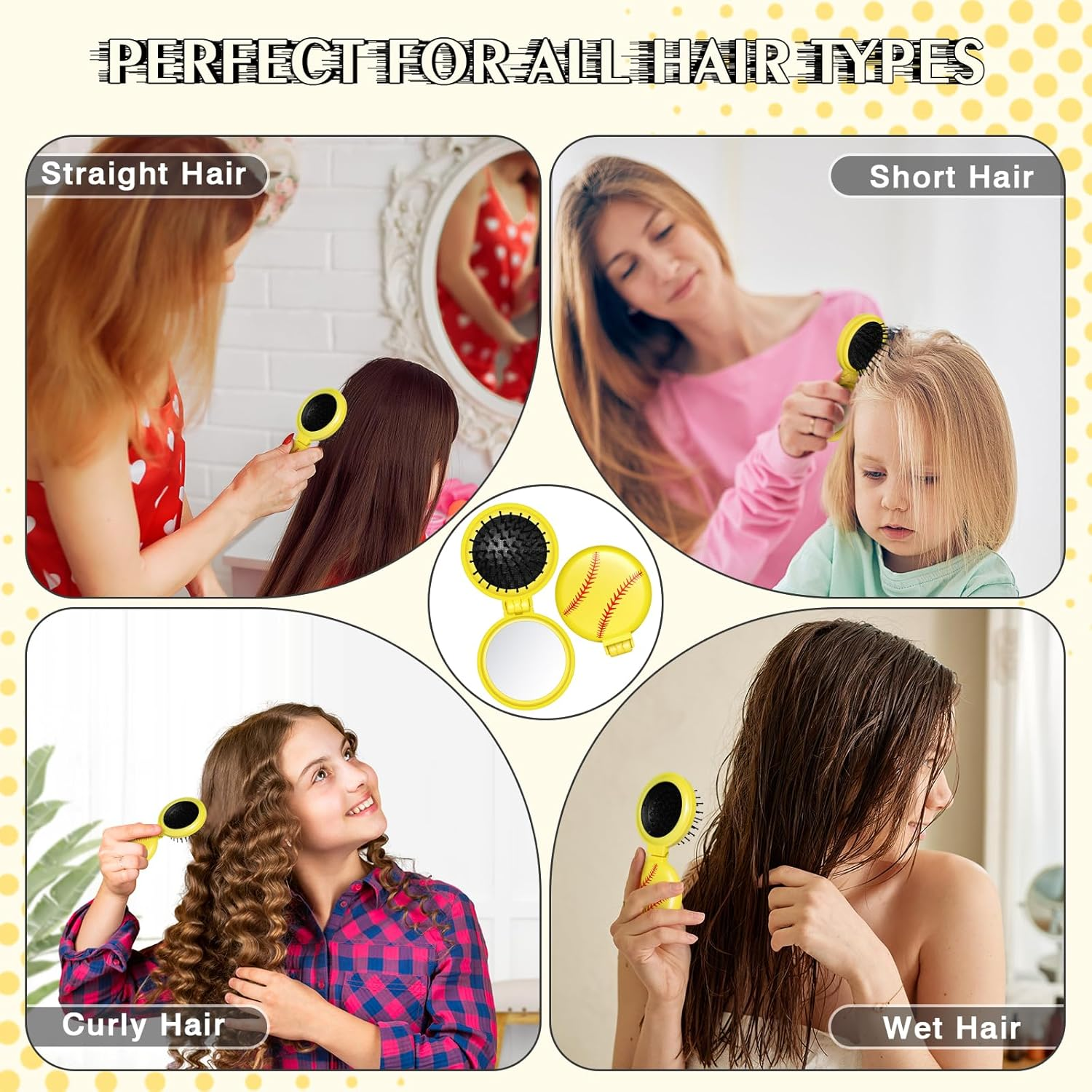 12 Pcs Softball Mini Detangler Brush, Folding Mirror Hair Brushes, Mini Travel Hair Brush, No Tangle Soft Flexible Bristles for Straight, Curly, Thick Hair for Softball Team Gift Sport Party image number 1