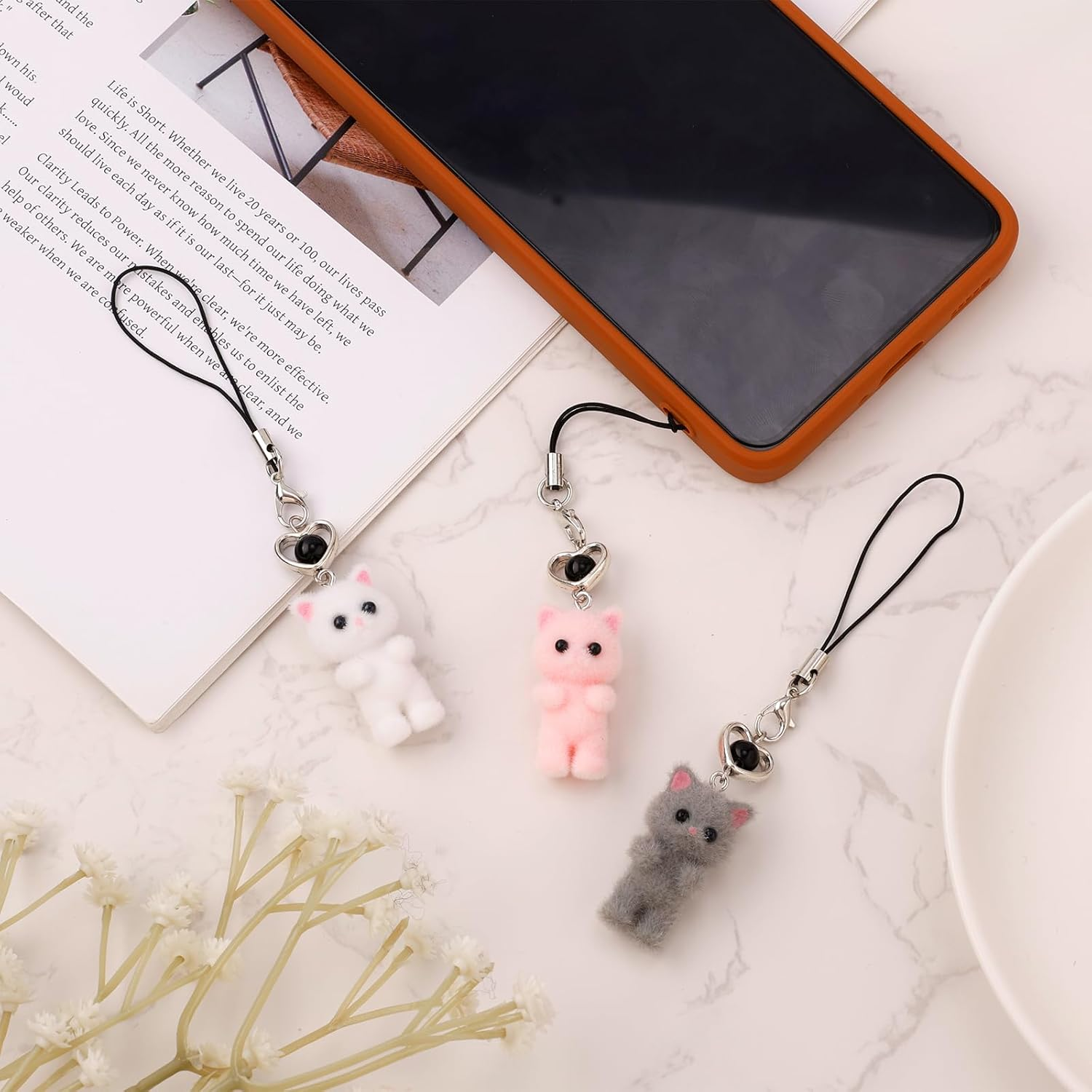 NQEUEPN 3Pcs Cute Cat Phone Charms, Kawaii Cat Phone Charm Y2K Fluffy Phone Charm Aesthetic Cute Cat Mobile Phone Pendant for Mobile Phone Camera Keychain Bag Decoration Supplies image number 4