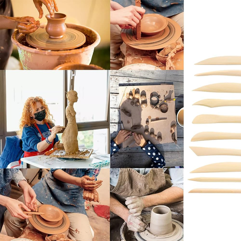 NYGHMY 10 PCS Wooden Clay Pottery Play Dough Modeling Tools, Double-Ended Pottery Clay Carving Tools for Carving, Shaping, Embossing, Smoothing, Cutting, Detailing image number 1