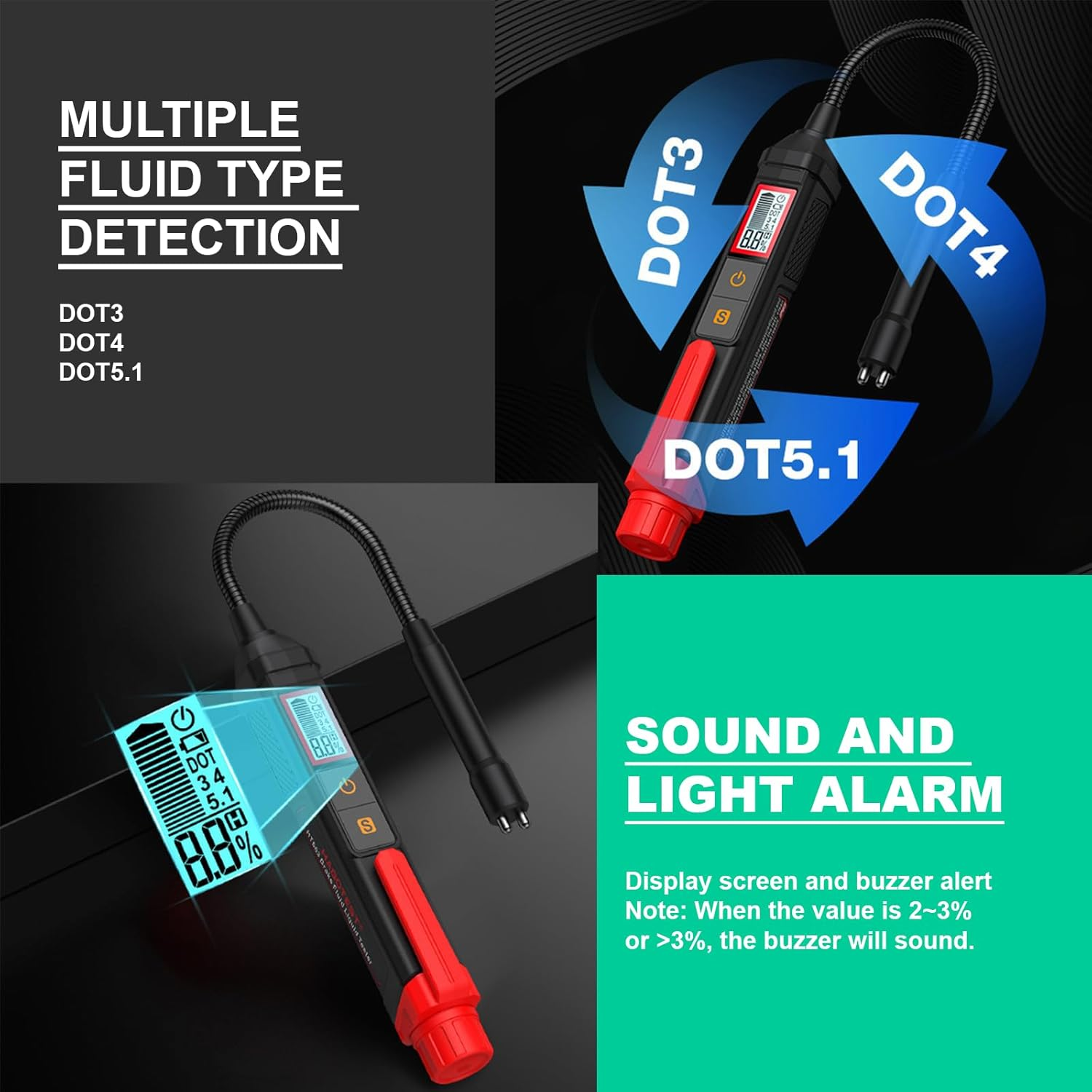 HT663L Brake Fluid Digital Tester with Sound and Light Alarm, Brake Fluid Liquid Tester Pen for DOT3/DOT4/DOT5.1, Hydraulic Fluid Liquid Oil Moisture Analyzer image number 6