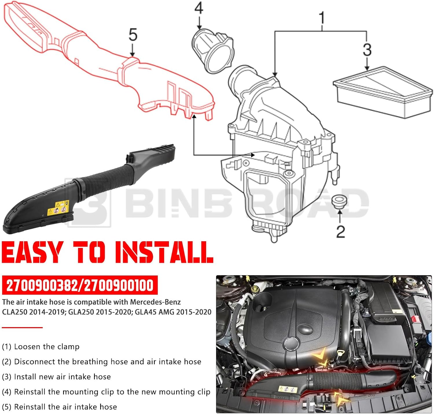 BINB ROAD Car Air Intake Hose Tube 2700900382 2700900100 Compatible with Mercedes-Benz CLA250 GLA250 GLA45 AMG Black image number 4