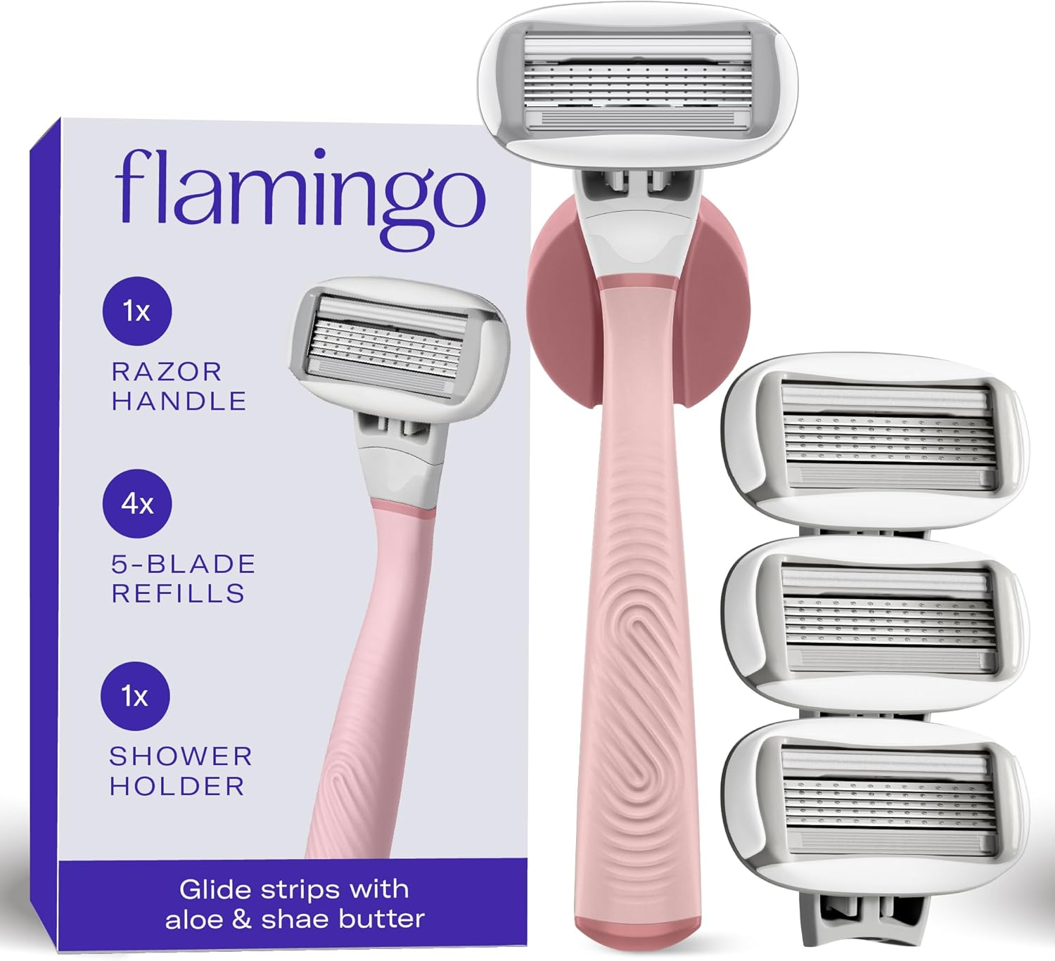 Flamingo Razors for Women, 1 Women'S Razor Handle (Lilac), 4 Razor Five-Blade Refills, and 1 Shower Holder