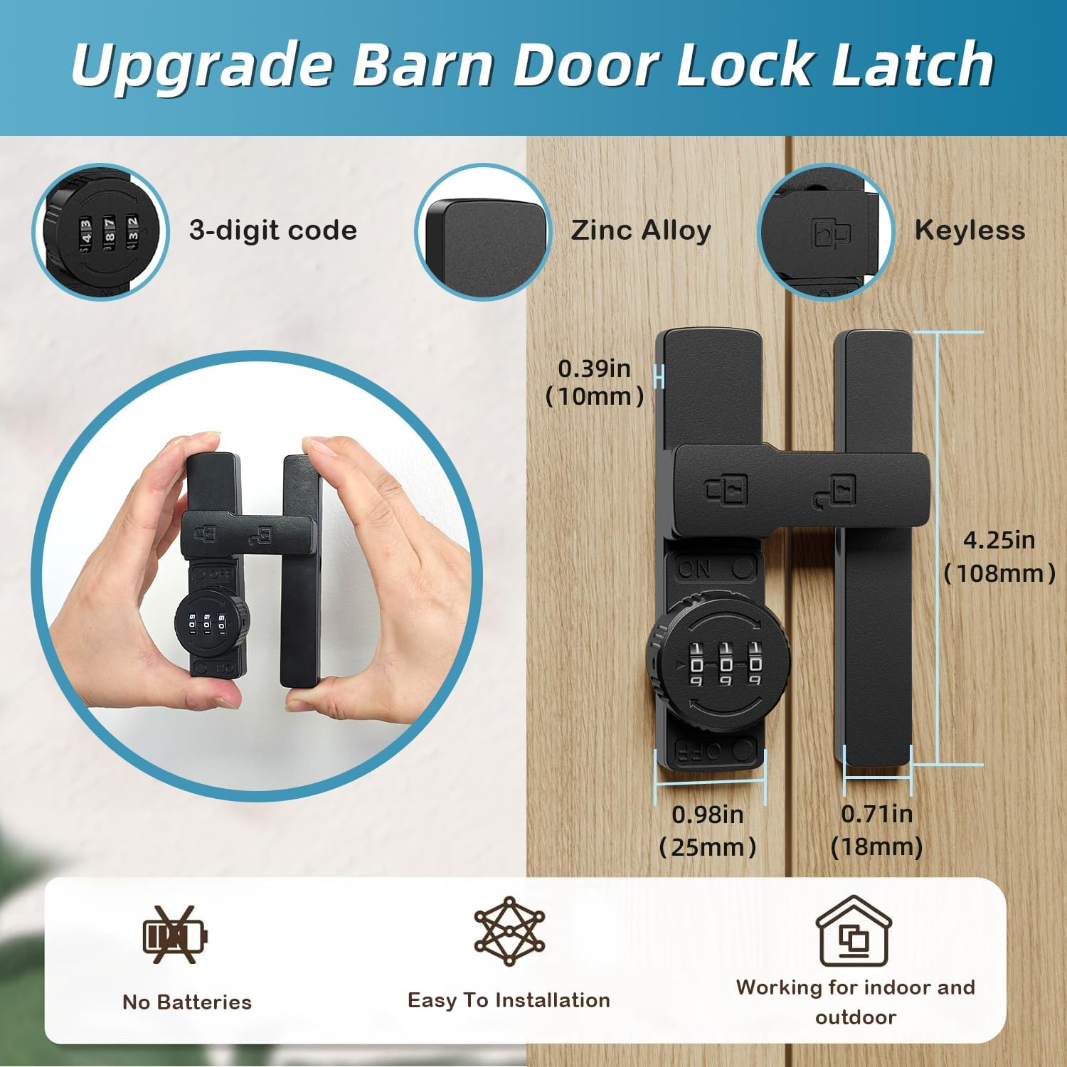 Barn Door Lock,Flip Latch Lock with Combination,90-180 Degree Sliding Door Lock,Cabinet 3-Digit Password Keyless,Gate Latches Hardware Barn Door Garage Shed Window (Barn Door Lock-180 Degrees) image number 5