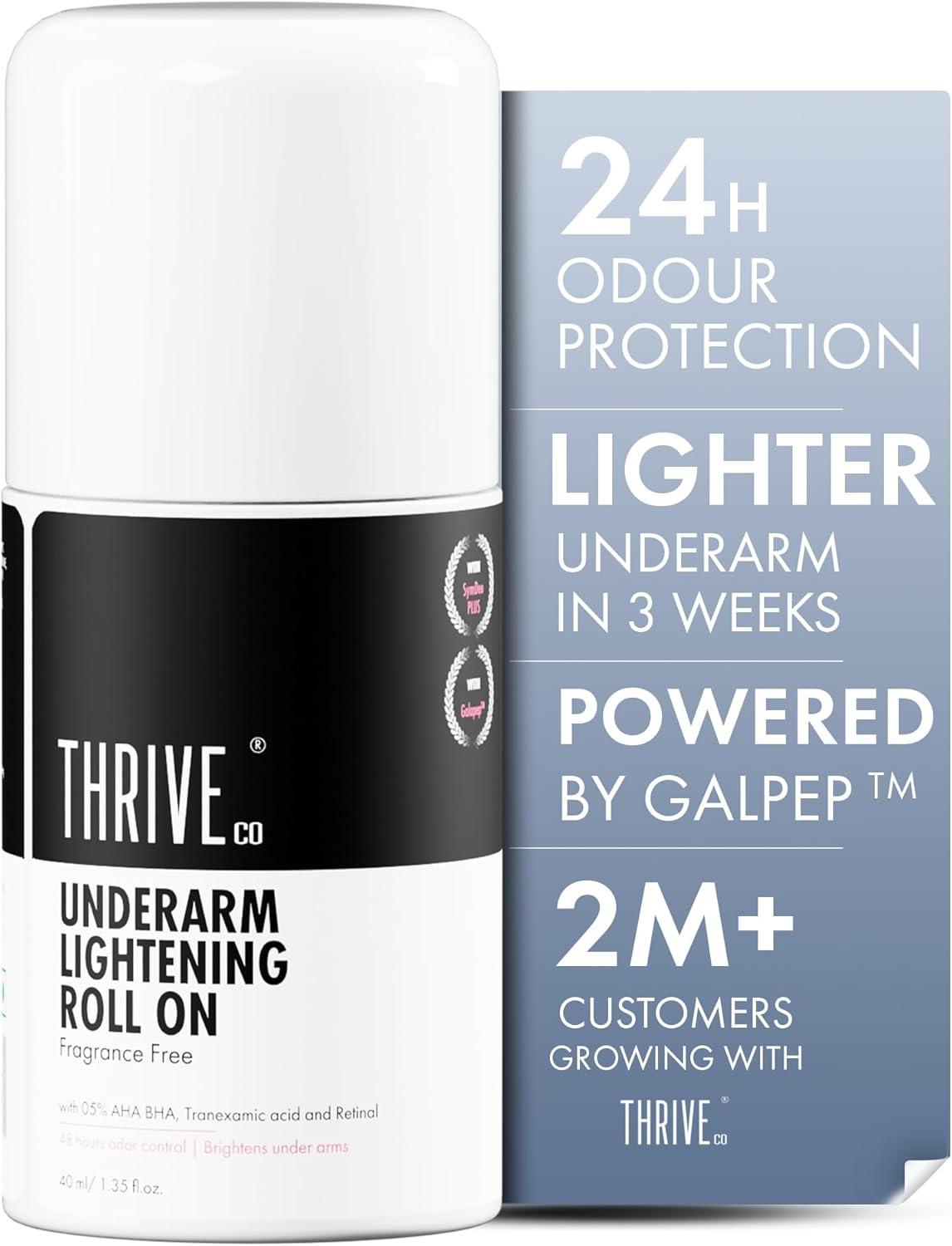Thriveco Underarm Lightening Roll-On with 5% AHA BHA, Tranexamic Acid & Retinol &ndash; 24H Odour Control, Brightens Underarms & Reduces Discolouration for Smooth & Even Skin, for Men & Women, 40 Ml image number 4