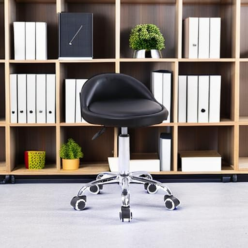 PU Leather round Rolling Stool with Back Rest Height Adjustable Swivel Drafting Work SPA Medical Task Chair with Wheels Black image number 1