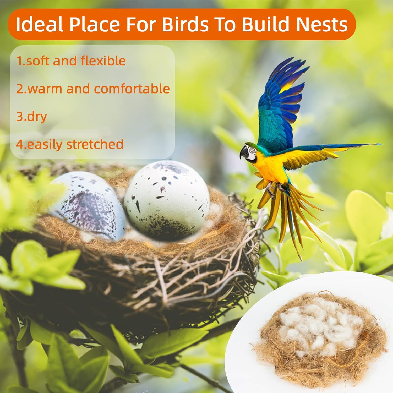 Sukh 2 Pack Bird Nesting Material - Bird Nests Bedding Hummingbird Nesting Material Mixing Canary Nesting Material Finch Nesting Material Parakeet Nesting Materials for Cage,Gardens,Tree Trunks (80G) image number 5