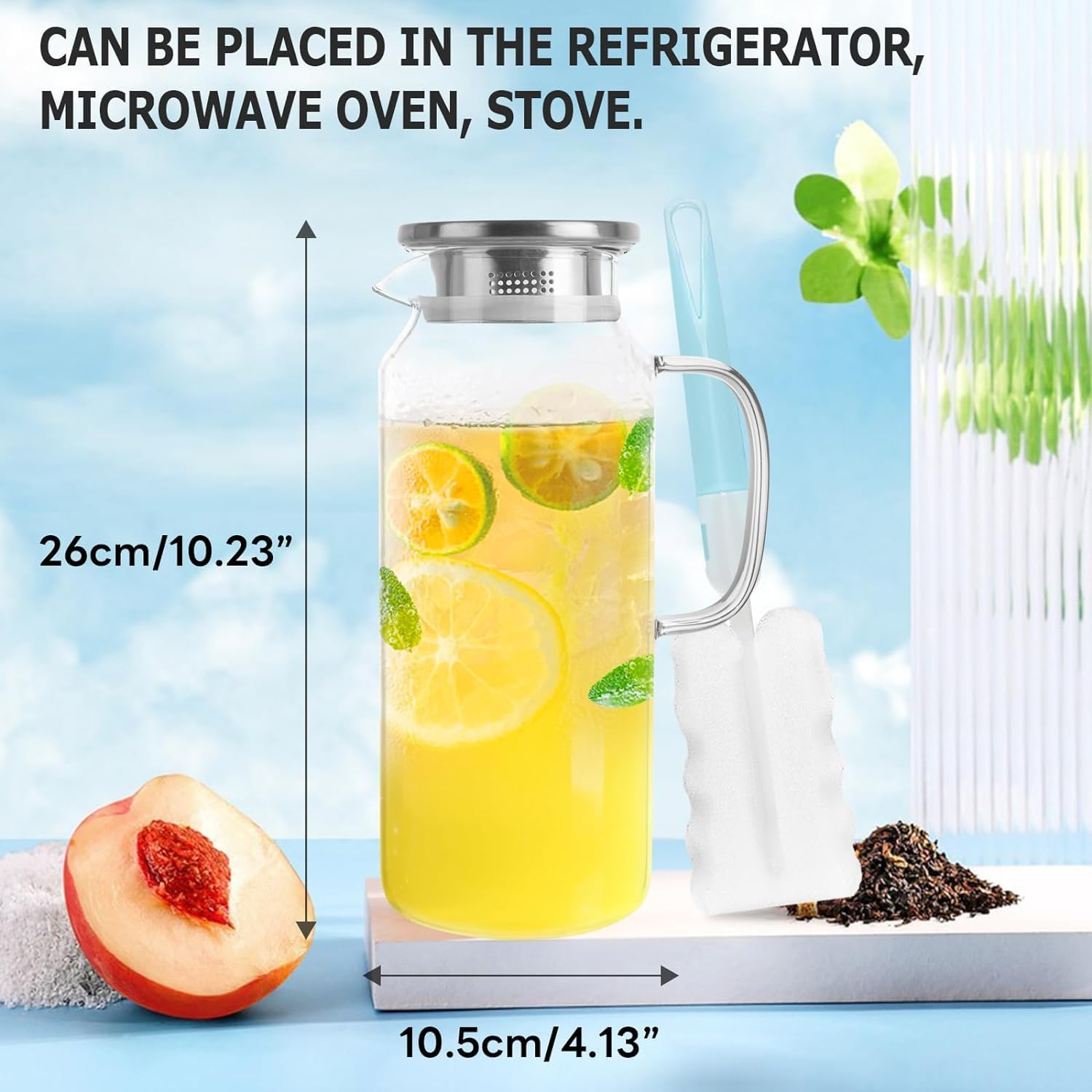 2 Litre 68 Oz G Glass Water Jug with Lid and Handle, Fridge Jug, Iced Tea and Homemade Juice Jug, Heat Resistant Borosilicate Glass Pitcher for Hot/Cold Water.