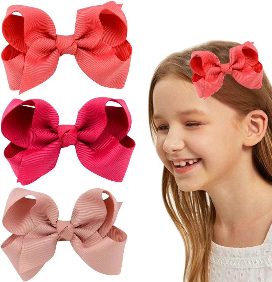 YOCDNOV Pack of 6 Bows Hair Clips - Ponytail Clips 3 Inches, Duckbill Hair Bow for Teenage Girls Hair Accessories (Coral Red + Pink + Nude Pink) image number 1
