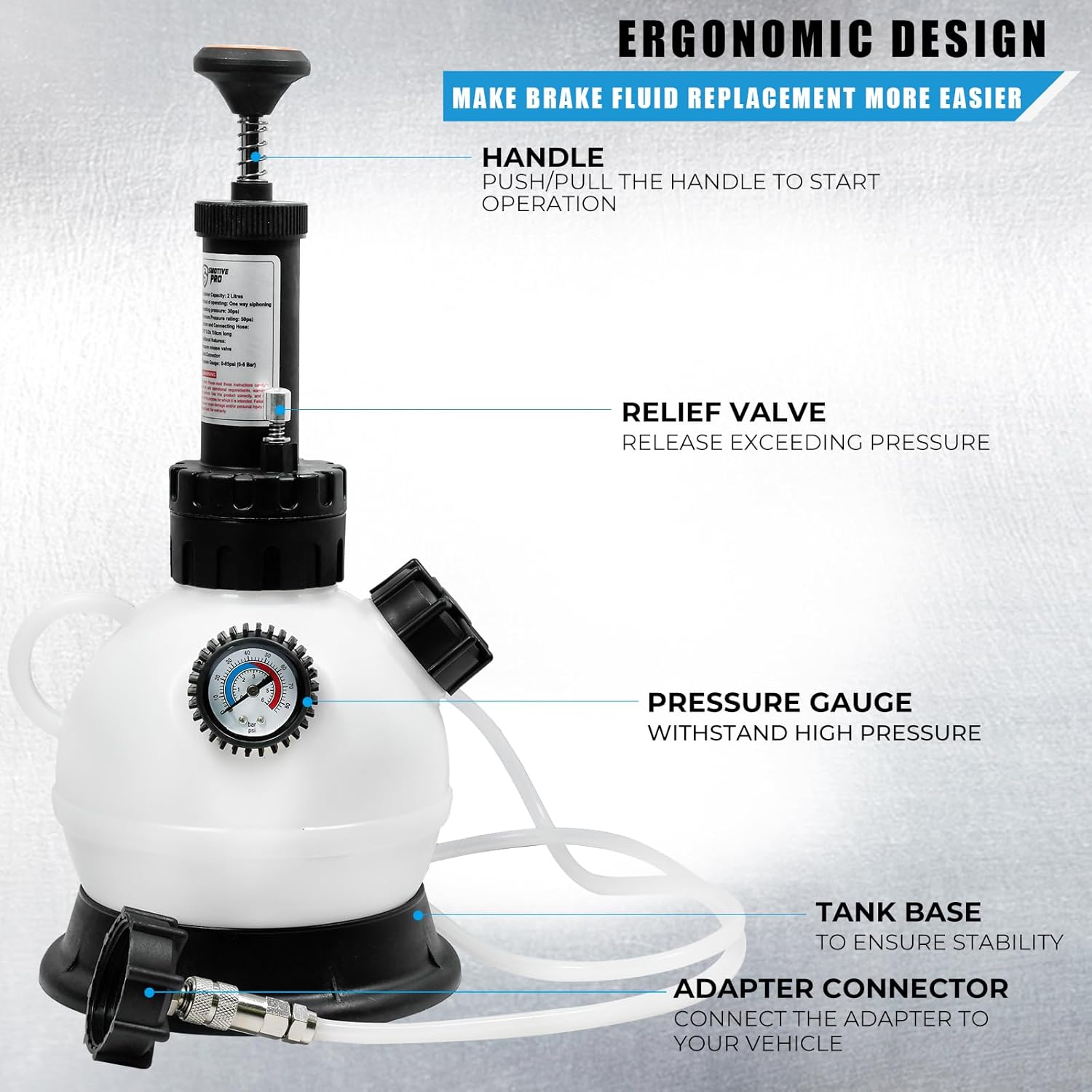 SMOTIVEPRO 2L Manual Brake Bleeder Fluid Pump, One Man Professional Brake Bleeder Kit Suitable for Most European Brake Mast Cylinder Reservoirs