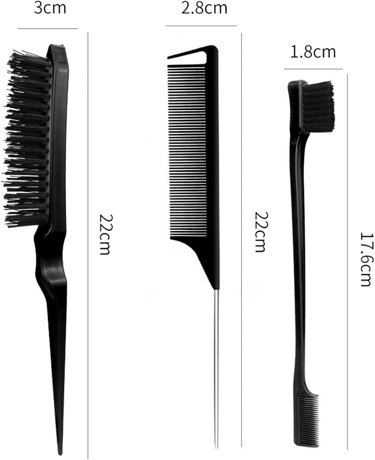 Sleek Bun Brush Set, Double Edge Brush, Teasing Hair Brush Set, Rat Tail Comb, for Hairdresser, Women, Baby, Children, Black, Pack of 3 image number 4