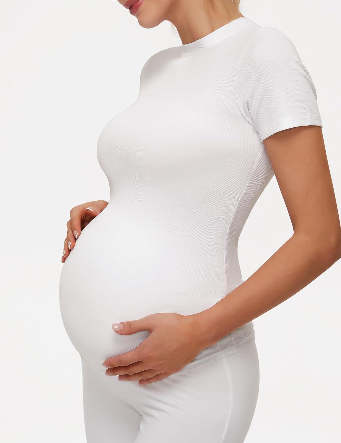 Peauty Maternity Ribbed T-Shirts with Crew Neck and Short Sleeves Shirts, before during after Pregnancy Clothes image number 4