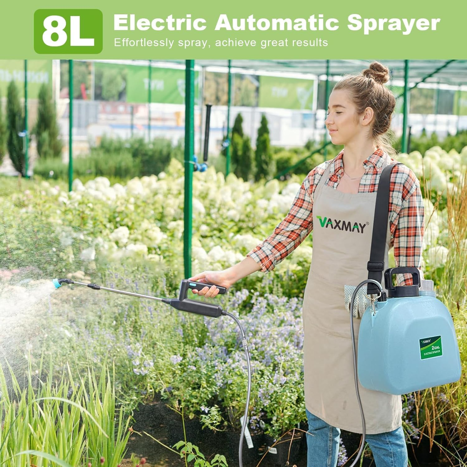 JINDUN Battery Powered Sprayer 8L, Upgrade Powerful Electric Sprayer with 3 Mist Nozzles&Rechargeable Handle, Retractable Wand, Garden Sprayer with Adjustable Shoulder Strap for Lawn,Garden,Cleaning