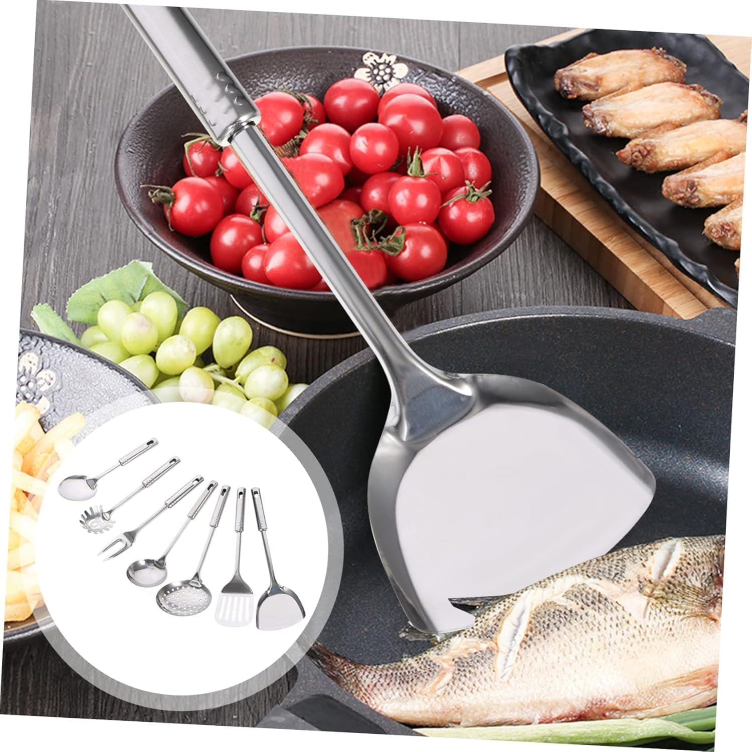 7Pcs Kitchen Utensils Cooking Tools Stainless Steel Kitchen Utensil Kitchen Cookware Utensil Kit Kitchenware Meat Fork Soup Ladle Cooking Gadgets Stainless Steel Utensil image number 3