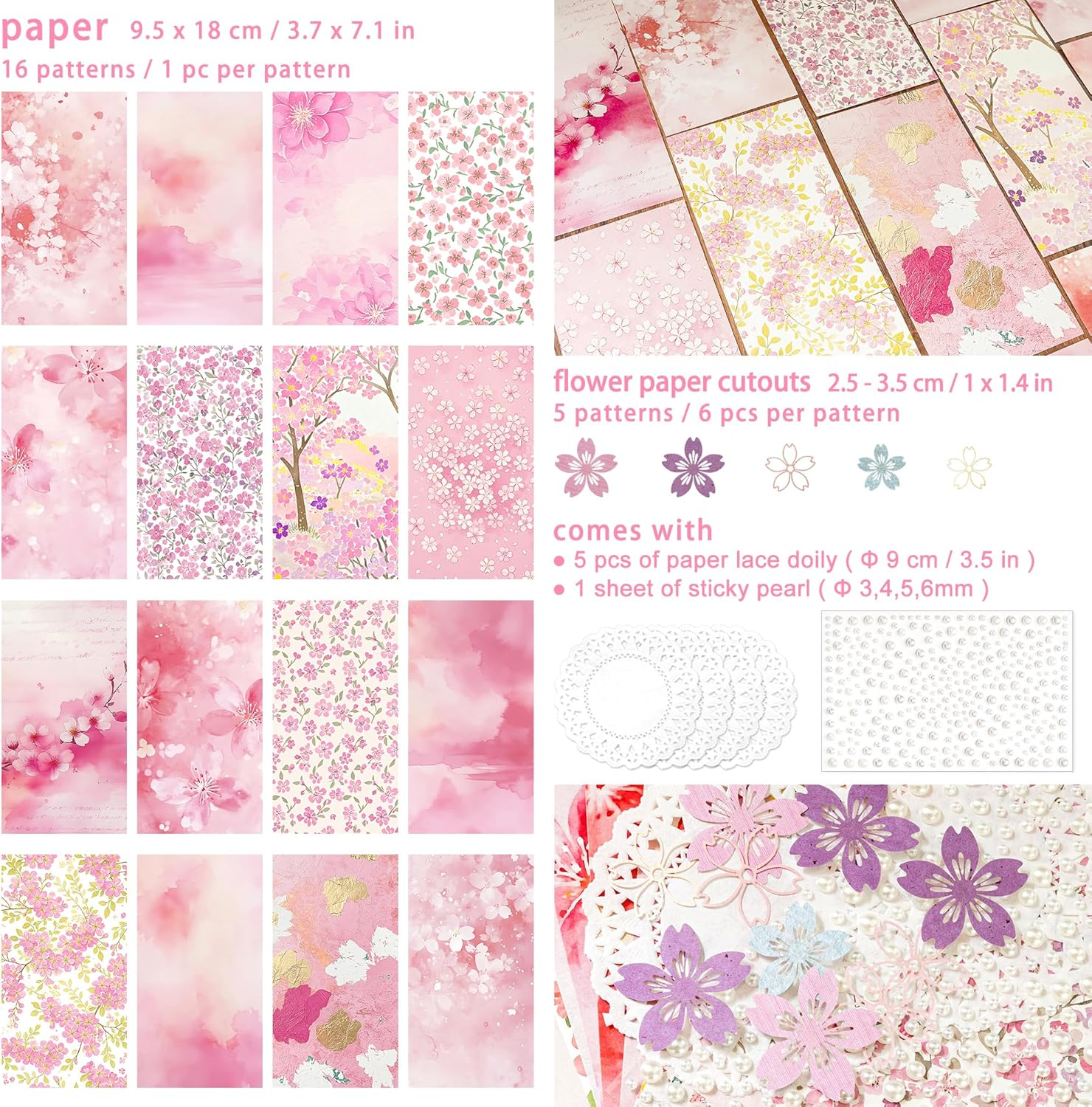 Sakura Scrapbooking Kit Cherry Blossom Decorative Sticker & Paper Flower Paper Cutouts Japanese Flower Decals with Gold Foil for Journal Planner Arts and Crafts Card Making Collaging (Freesa) image number 1
