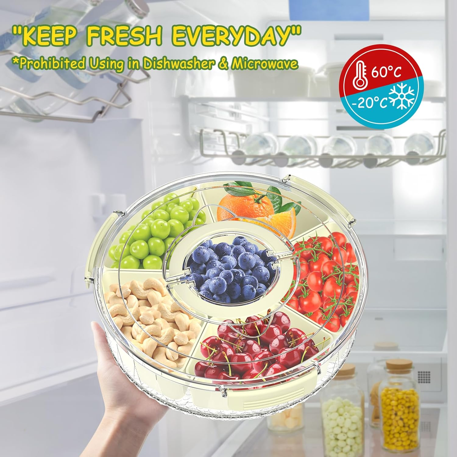 Giecy Snack Box with Airtight Lid & Handle - Divided Serving Tray Rotatable Snack Container for Home Kitchen Outdoor Travel Foods, Fruits, Candies, Nuts, Spices - 6 Compartments image number 5