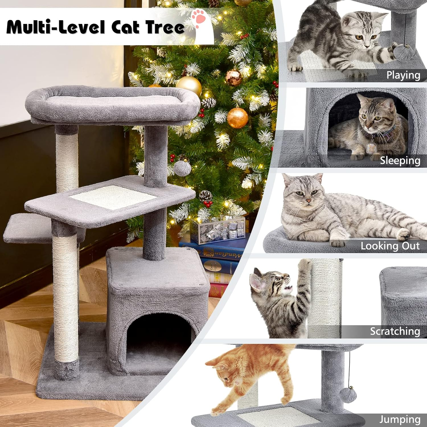 Costway Indoor Plush Cat Tree, Multilevel Cat Tower Condo with Flock, Hanging Toy, Scratching Sisal Posts, Cozy Perch, 4-Tier Cat Climbing Activity Center with Private Condo for Home and Office image number 1