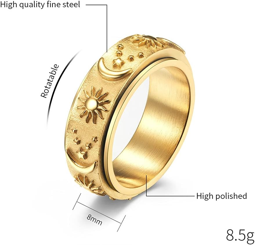 Nylry Titanium Stainless Fidget Ring 8Mm Moon Star Sun Spinner Rings Silver Gold Black Stress Relieving Anxiety Ring Wide Carved Worry Band for Women Men Teens Size 5-12 Gold Size 7, Stainless image number 4