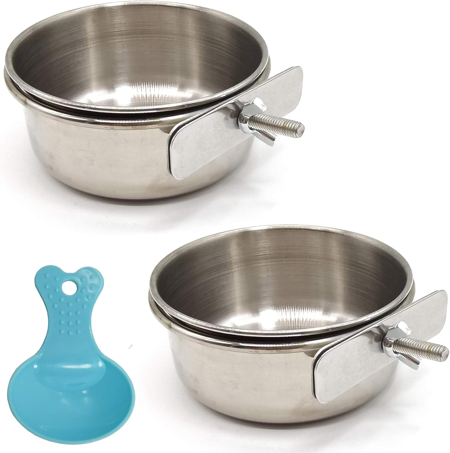 RONYOUNG 2PCS Bird Feeding Dish Cups with Spoon, Parrot Food Bowl Clamp Holder - Stainless Steel Coop Cup, Bird Cage Water Bowl for Parakeet African Greys Conure Cockatiels Lovebird Budgie Chinchilla image number 4