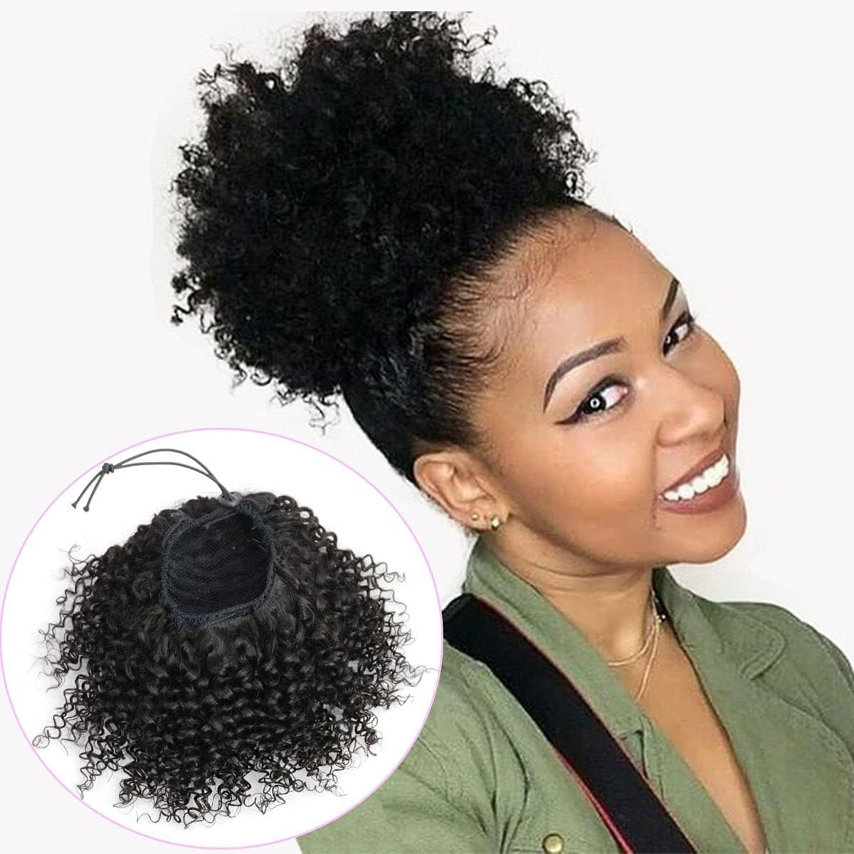 FEIPRO Afro Puff Drawstring Ponytail Human Hair Small Curly Ponytail Buns Hairpieces 8A Brazilian Virgin Hair Short Clip in Ponytails for Black Women Girls Kids 6 Inch Natural Black