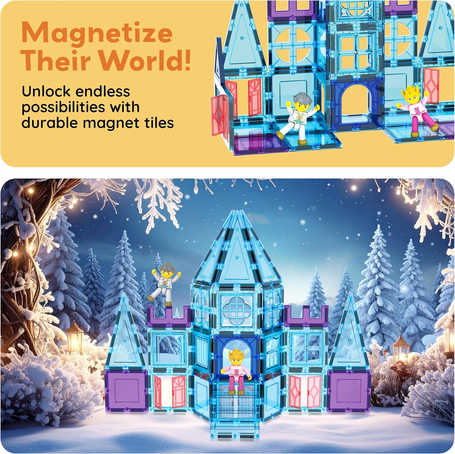 Picasssotiles 72 Piece Magnetic Building Tiles Castle Winter Ice Theme Construction Magnet Block Set with Princess Prince Character Stairs Windows Doors STEM Learning Educational Toy Kids Ages 3+ PT72 image number 5