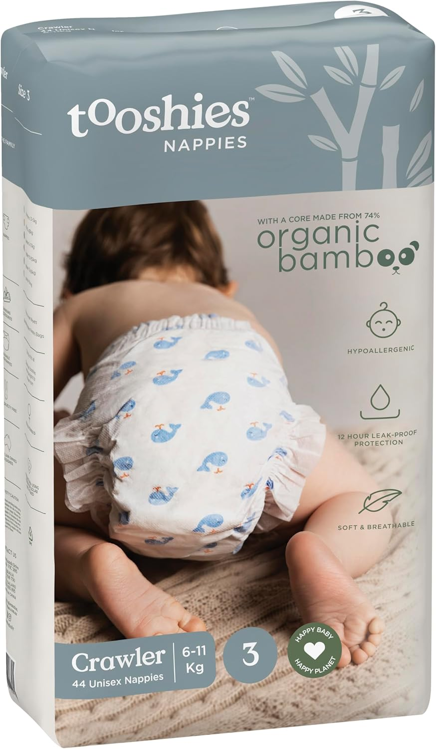 Tooshies Nappies | Size 3 Crawler 6-11 Kg | Made with Organic Bamboo | 12 Hrs Leak Free | Unisex | Whale Print | 1 WEEK SUPPLY image number 1