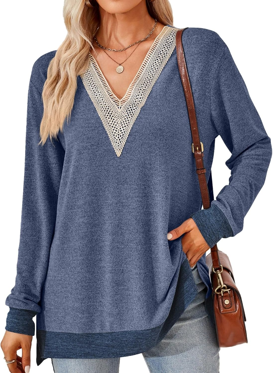 Womens Long Sleeve Shirts V-Neck Lace Tops Women'S Tops Long Sleeve V-Neck Shirts Fall Tops for Women Lace Shirt.