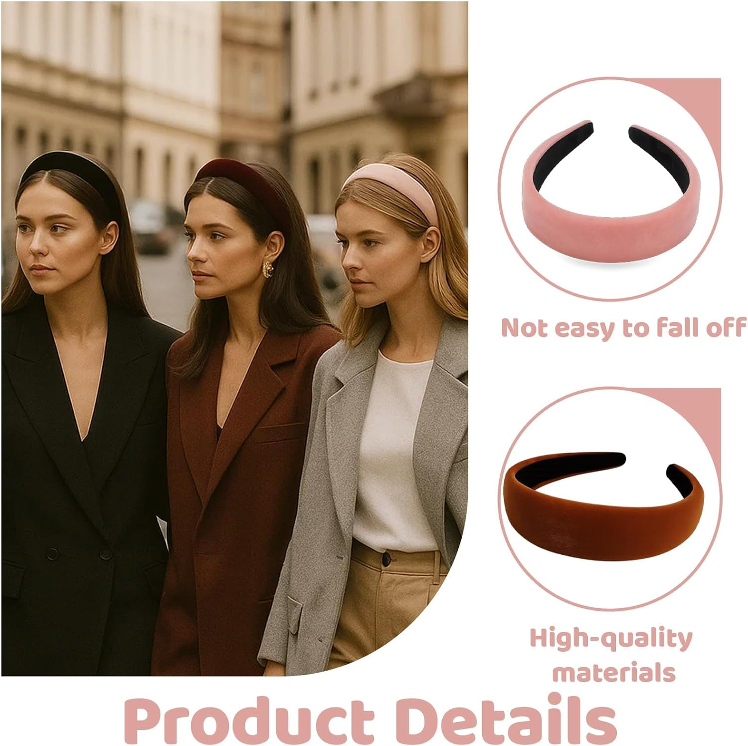 Pack of 4 Wide Velvet Headbands, Wide Velvet Headbands, Band Headbands, Hard Headbands, Non-Slip Hard Headbands for Women and Girls image number 1