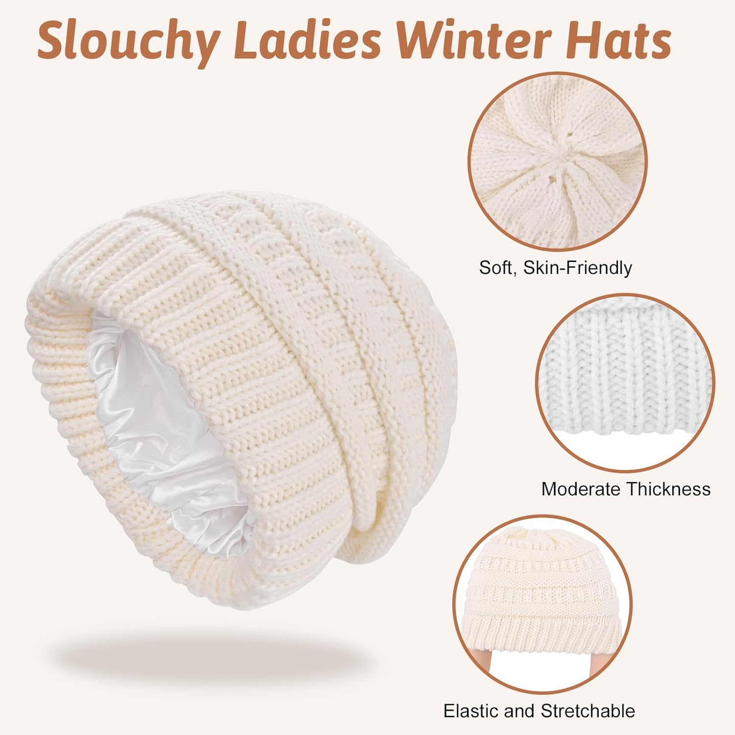 SGQTZDZQ Satin Lined Beanie Hats for Women, Warm Slouchy Ladies Winter Hats, Classic Fashionable Wooly Cable Knit Skull Cap - Blue-Gray image number 6