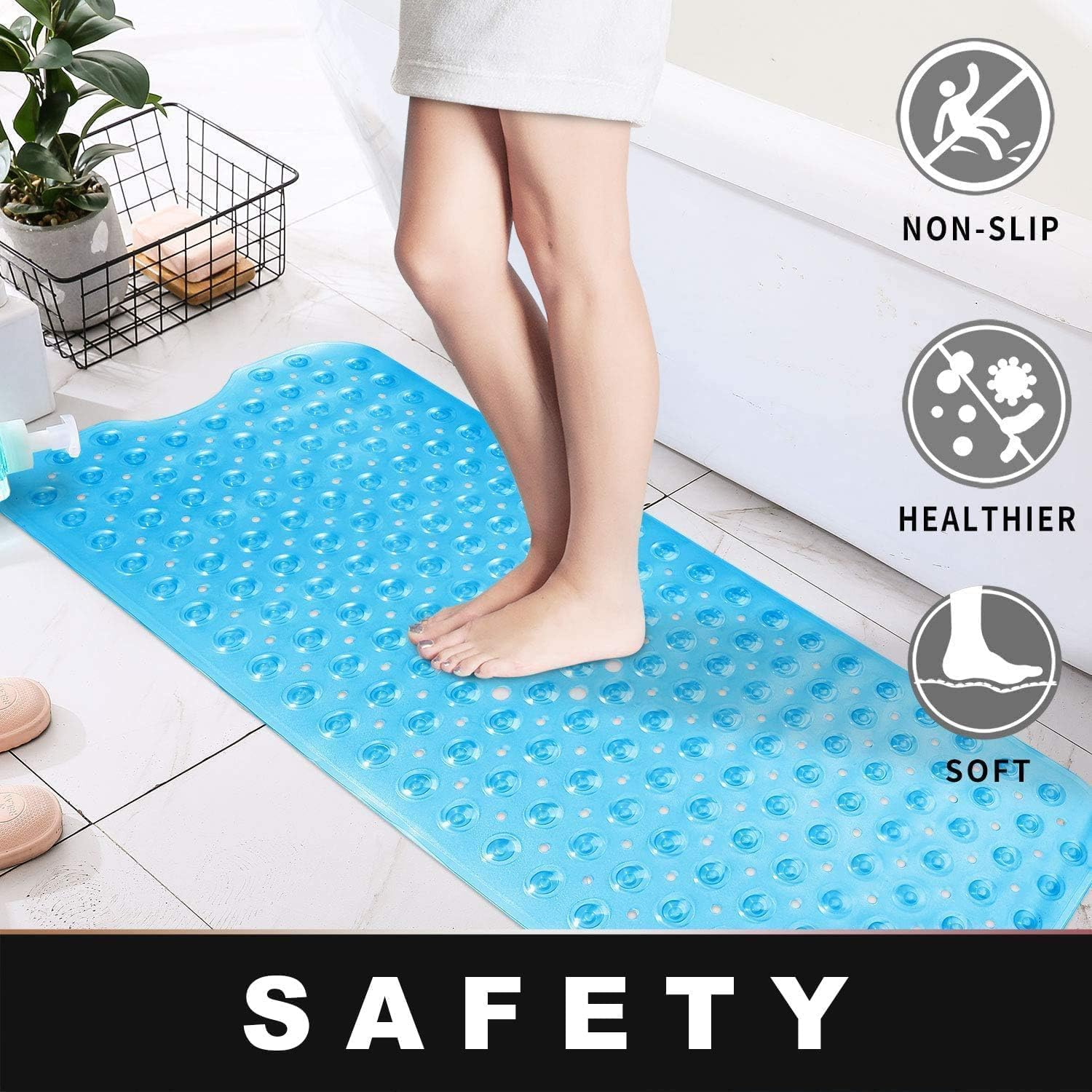 Non Slip Bath Mat, 100 X 40Cm Extra Long Shower Mat anti Mould, Machine Washable, Soft PVC Antibacterial Bathmat for Tub with Suction Cups & Drain Holes, Quick-Dry, Bath Mat for Bathroom (Clear Blue) image number 5