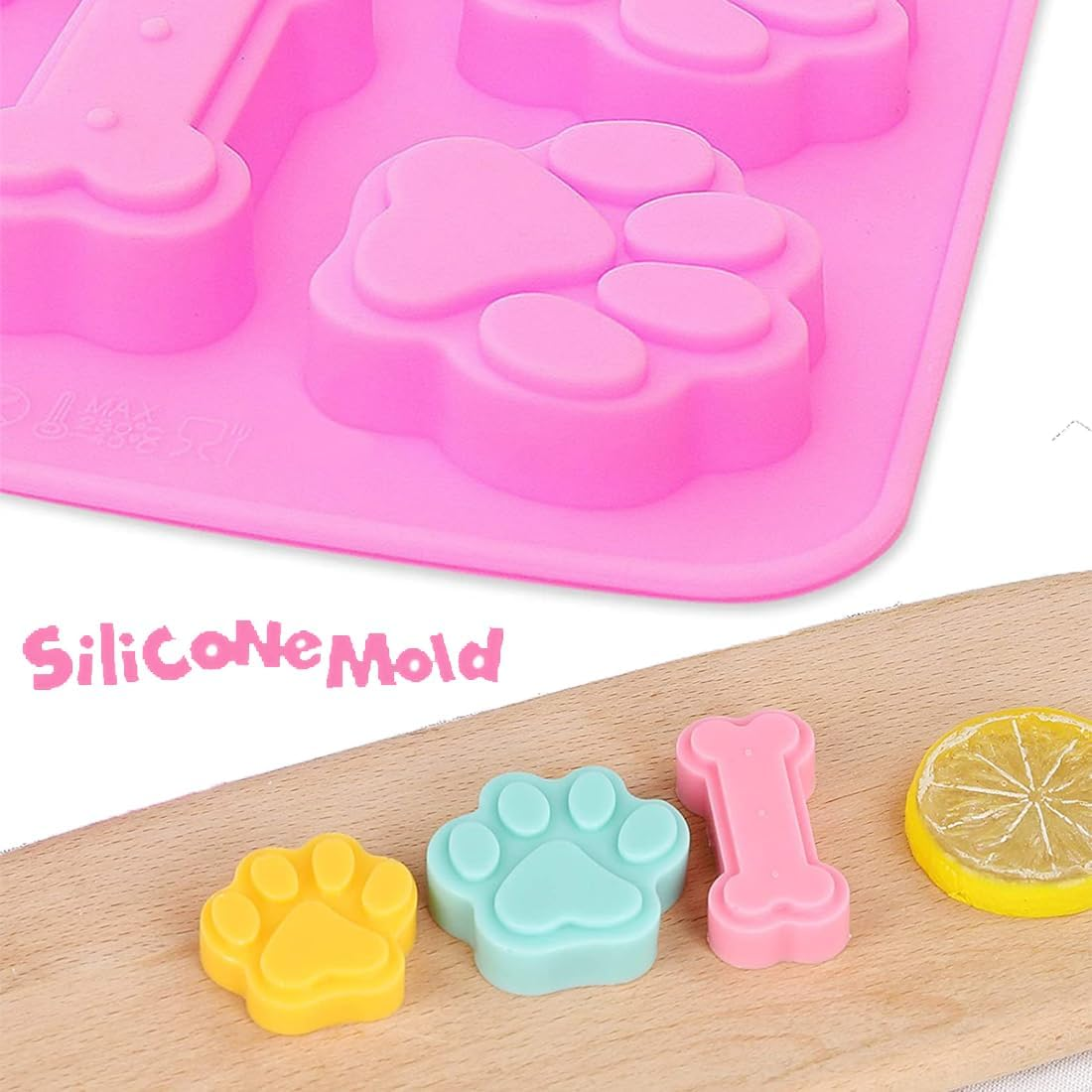 Sunyuneey 3 Pcs Silicone Dog Treat Molds, Pink & Blue, Puppy Paw & Bone Shapes, BPA Free, Oven, Microwave, Dishwasher Safe