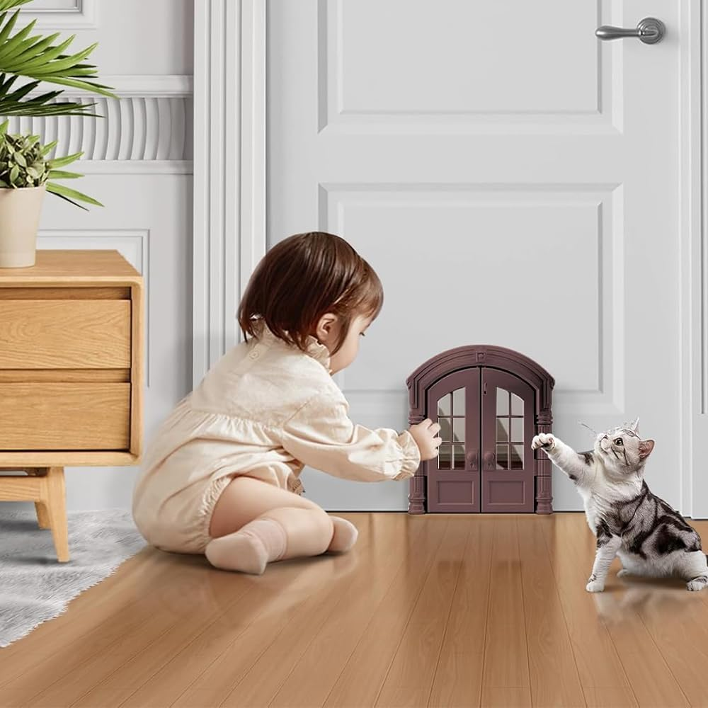 JIUSEGE Indoor Cat Door &ndash; No-Flap French Bi-Fold Pet Door for Cats up to 11 KG, Odor-Isolating Design, Easy DIY Installation, Secure Fit, Brown &ndash; 24 X 27.5 X 7.2 CM