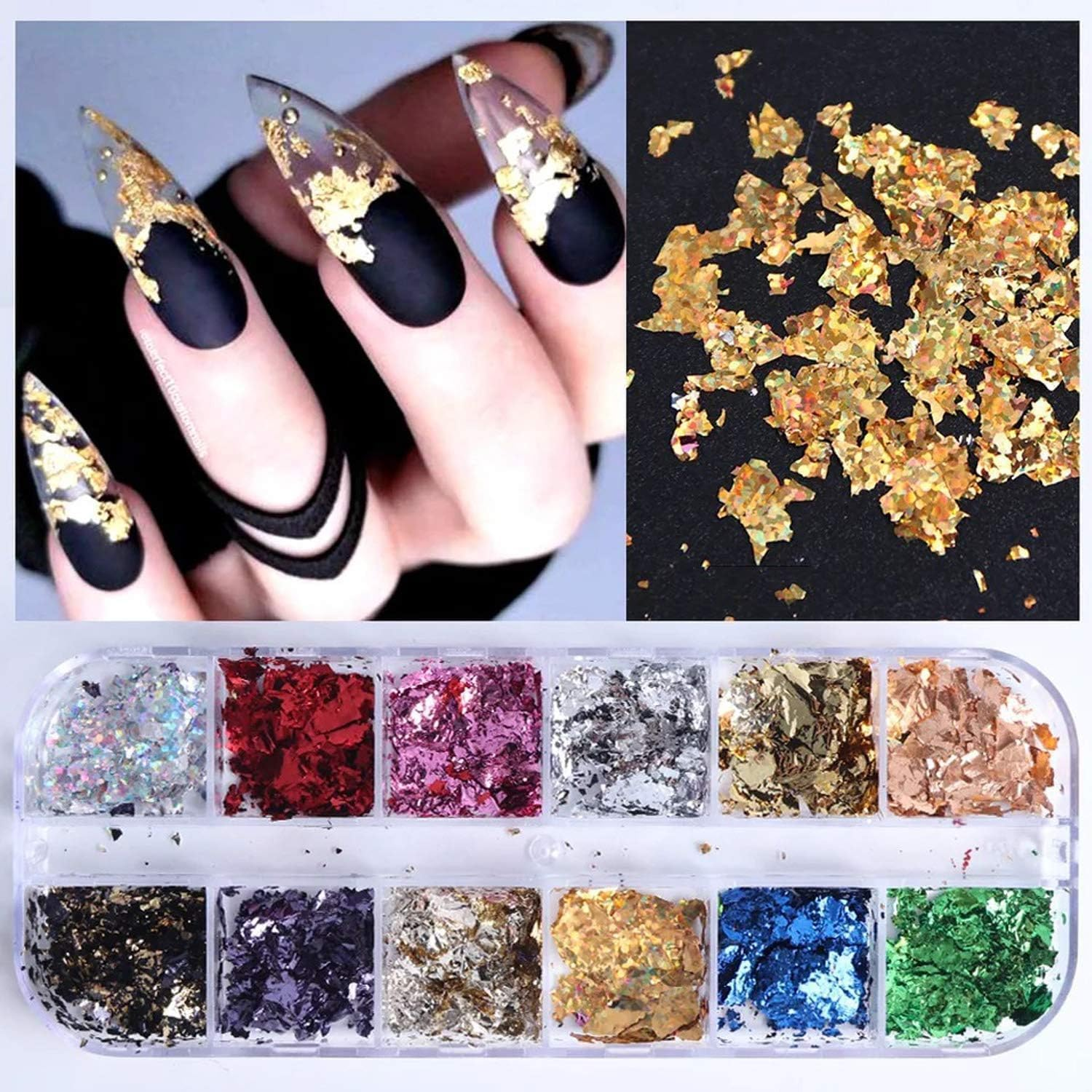 Nail Art Set, Arts Decals Stickers Fragments Nail Foil Art Nail Charms, DIY Manicure Nails Design Decal Decoration Flakes 12 Grids/Set image number 1