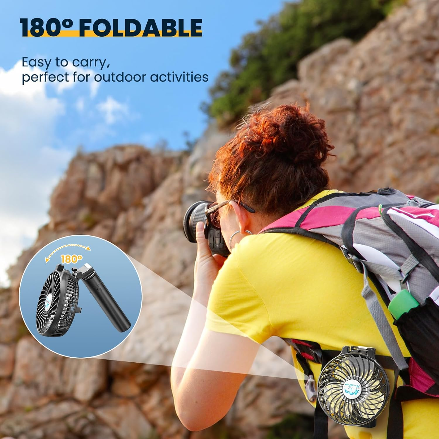 Handfan 5200Mah Portable Handheld Fan, Personal Hand Held Fan USB Rechargeable, 180&deg; Foldable Portable & Detachable Handle Design,3 Speeds Strong Airflow Cooling for Travel/Outdoors/Indoors (Black) image number 4