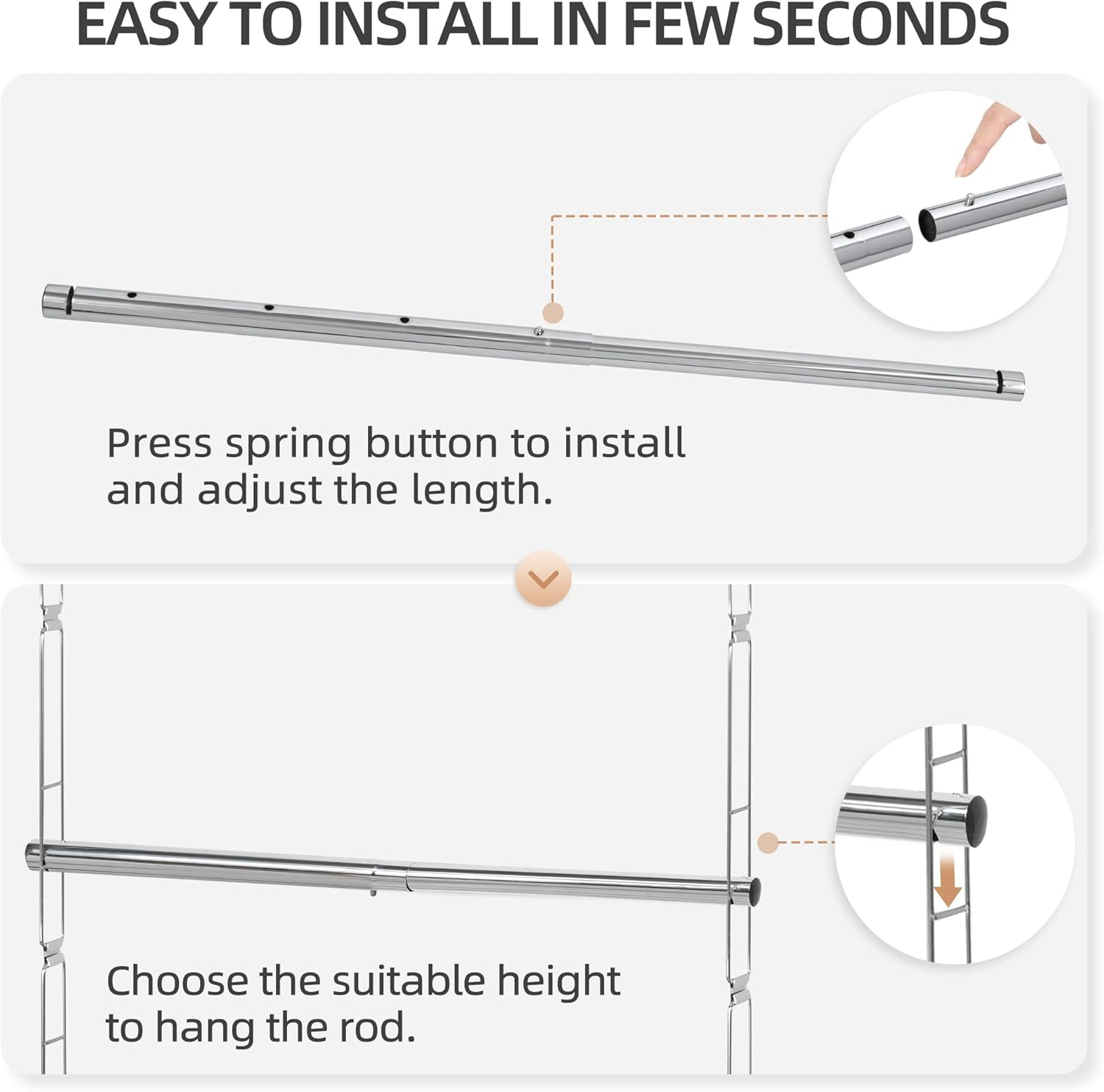 STORAGE MANIAC Hanging Closet Rod, Adjustable Width and Height Closet Hanging Organizer, Space-Saving Clothes Hanging Bar, Closet Extender Hanging Rod Double Closet Hanging Rod, 1 Pack Chrome image number 4