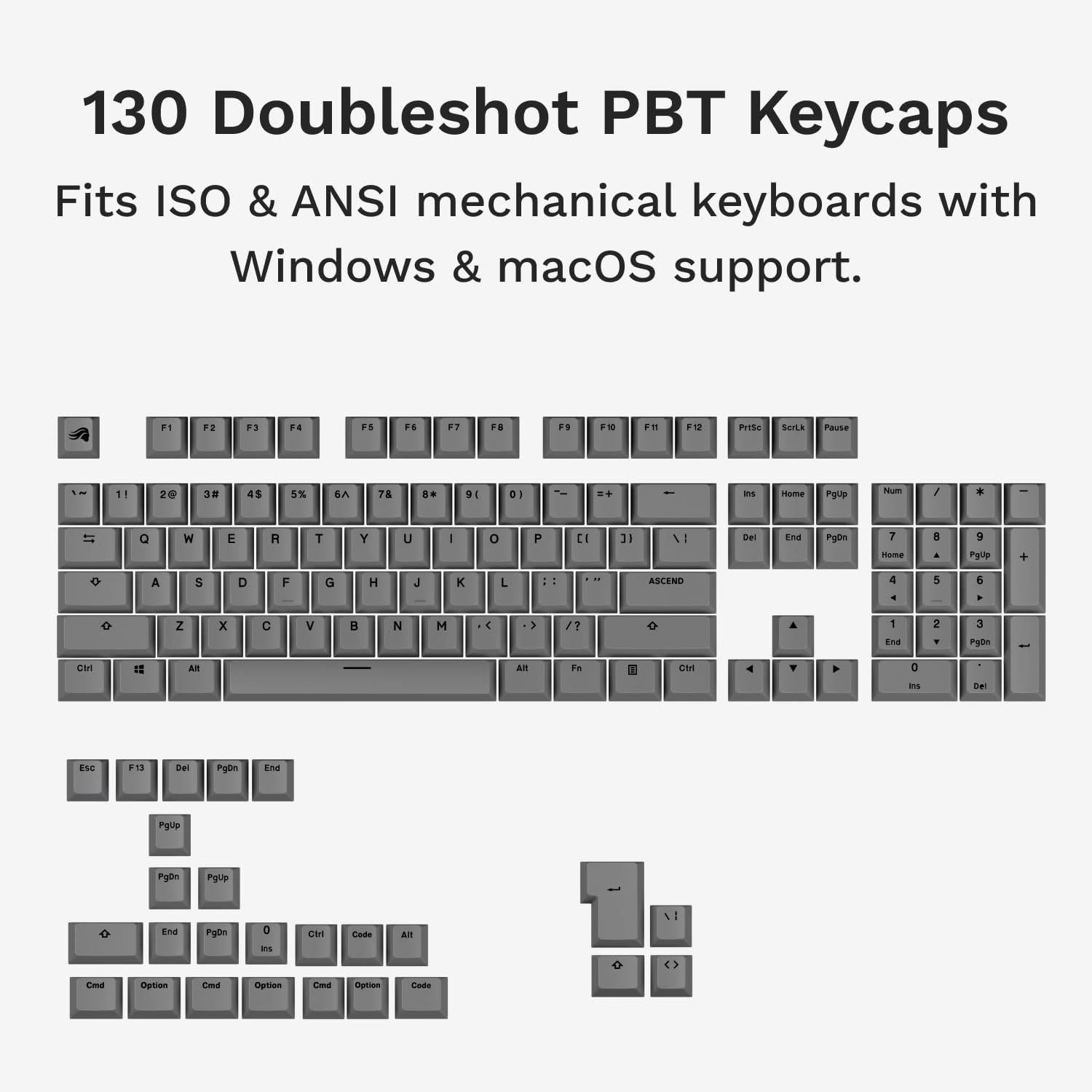 Glorious Gaming - GPBT Basics Keycaps (Ashen Grey) - 8 Colors, No-Fade Dye-Sublimated, Fits 100%,75%,65%,60% Custom Mechanical Keyboards, Fits ANSI & ISO - English QWERTY Layout image number 2