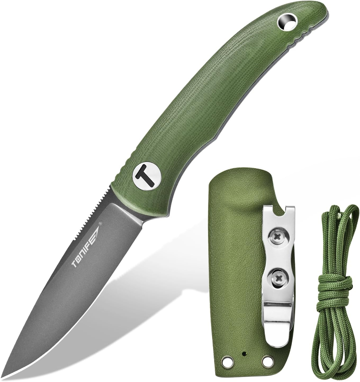 TONIFE Nova Fixed Blade Knife with Adjustable Kydex Sheath EDC Knife with 6.81Cm Full Tang Blade Paracord Lanyard for Outdoor Camping Hiking (Army Green)