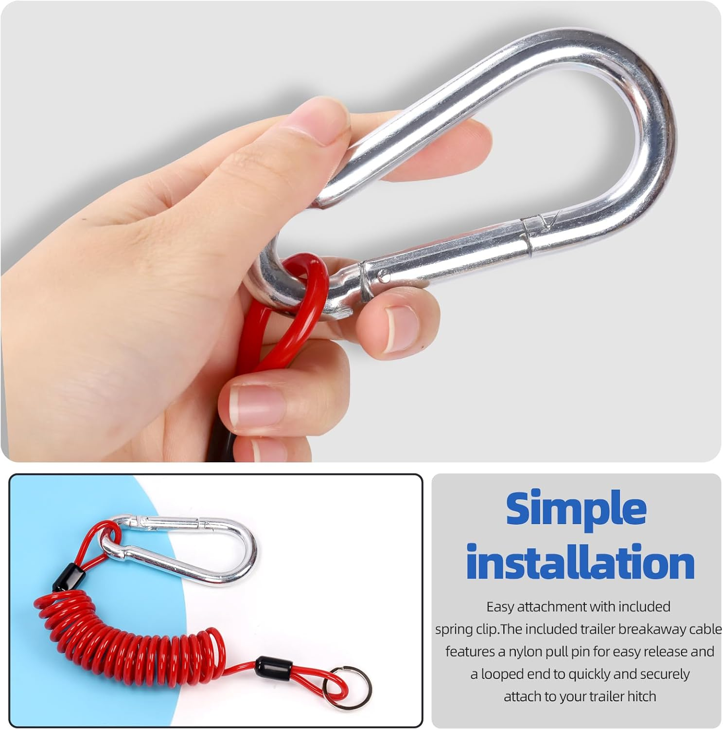 Glarks 6FT Breakaway Trailer Cable Trailer Brake Cable Stainless Steel Spring Towing Coiled Wire Safety Cables Strap Ground Clip for RV Towing Trailer Emergency image number 6