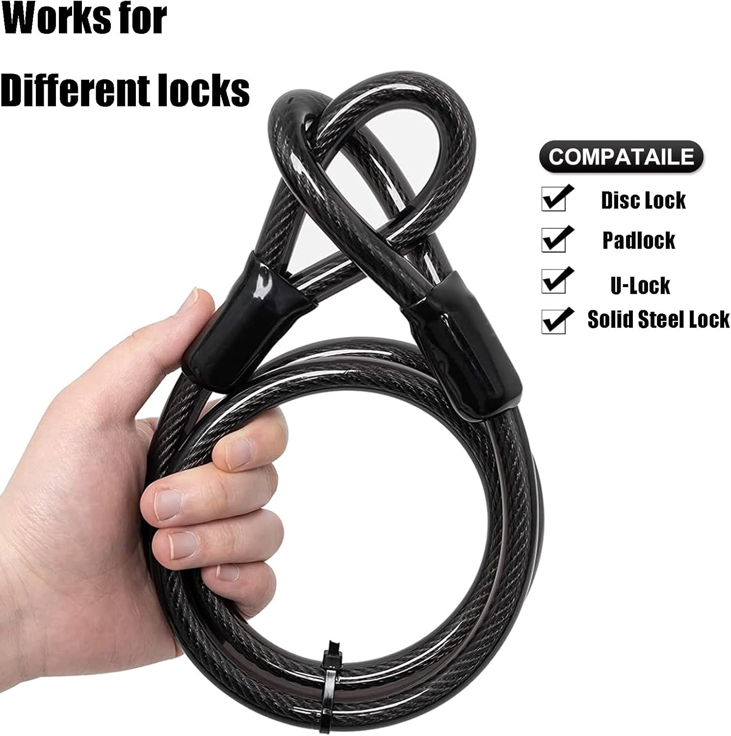 Security Cable with Loops 5.9Ft/180Cm,8Mm, Braided Steel Cable, Bike Chain Lock, Chain Lock for Kayaks, Bikes, Outdoor Equipment and More image number 2