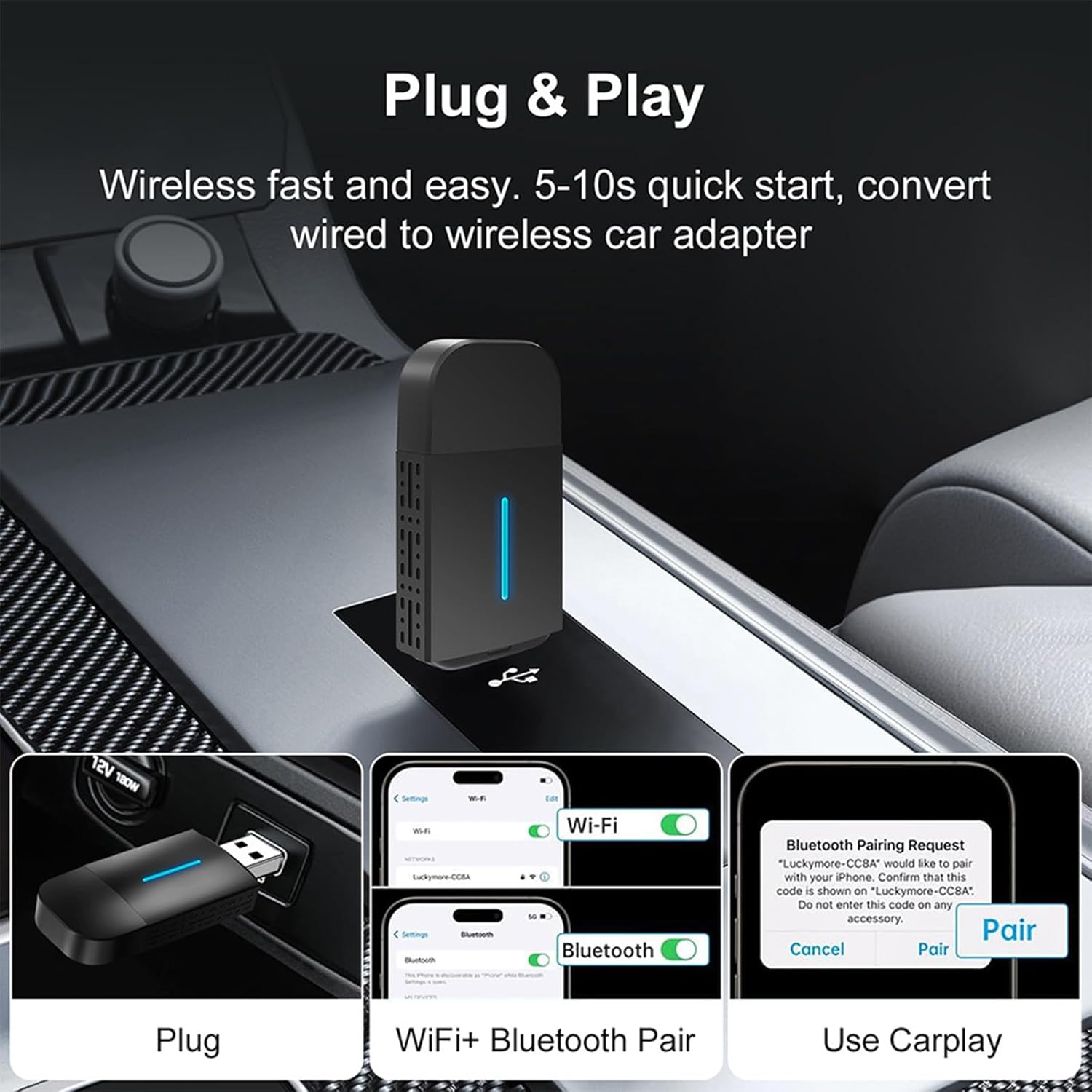Gdsanlian Wireless Carplay Adapter, Converts Wired Carplay to Mini Wireless Carplay Adapter for Iphone, for Cars Manufactured in 2015 and Later, Compatible with Apple Iphone Ios 10+ &Android 11+ image number 3