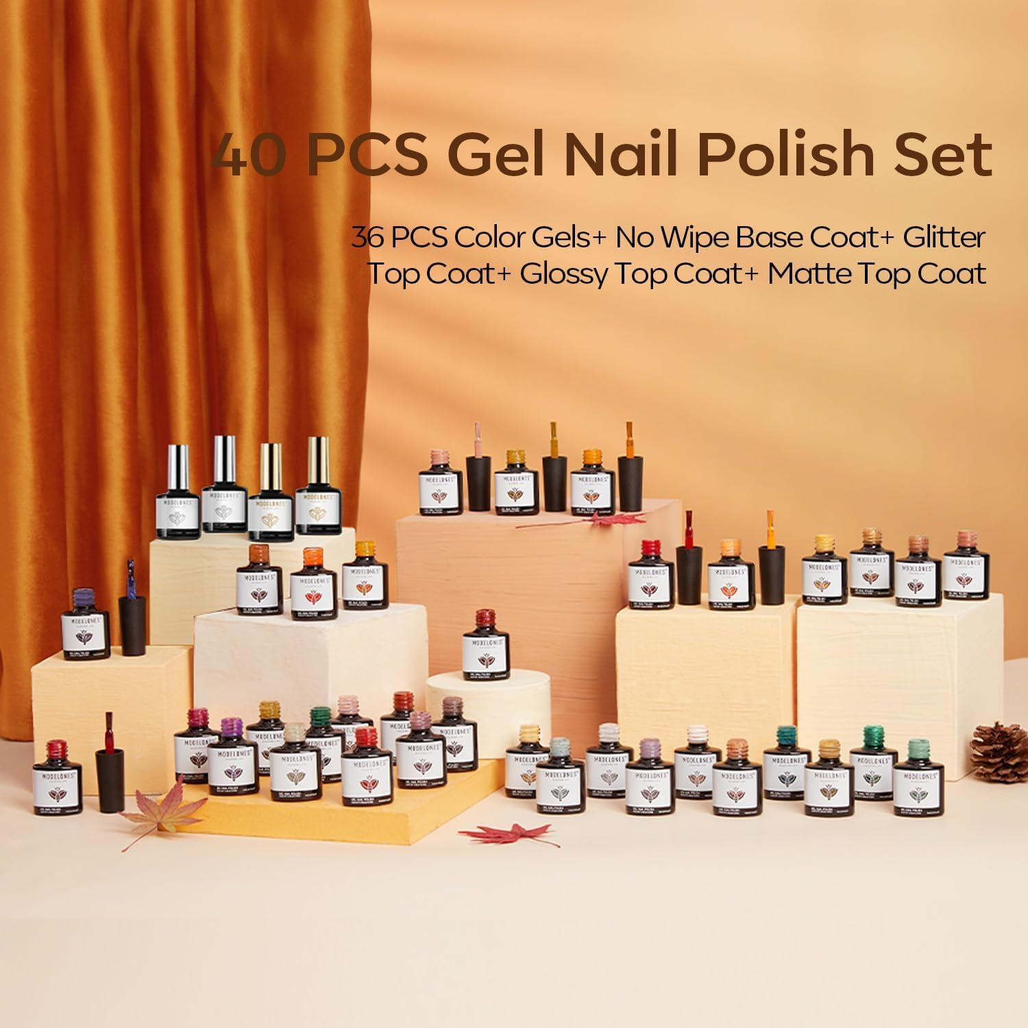 Modelones 40 Pcs Fall Gel Nail Polish Set, Halloween Nude Brown Orange Green Red Purple Gold Jelly White Colors Blooming Gel Polish Kit with Base Coat& Matte Glitter Glossy Top Coat DIY Manicure image number 2