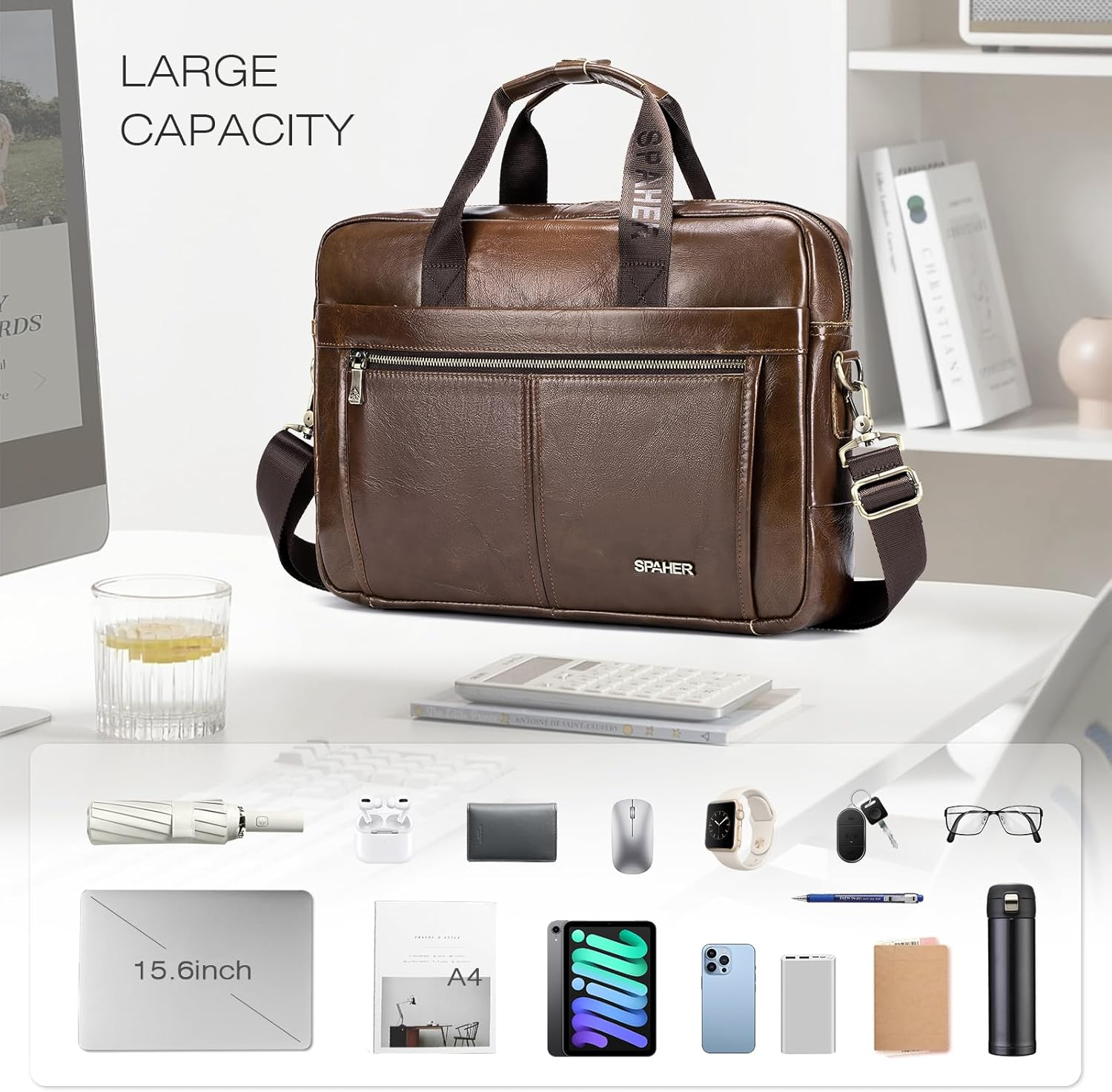 SPAHER Mens Leather Laptop Bag Briefcases for Men 15.6 Inch Leather Briefcase Business Work Laptop Handbag Shoulder Bag Office Bag for Men Laptop Messenger Bag