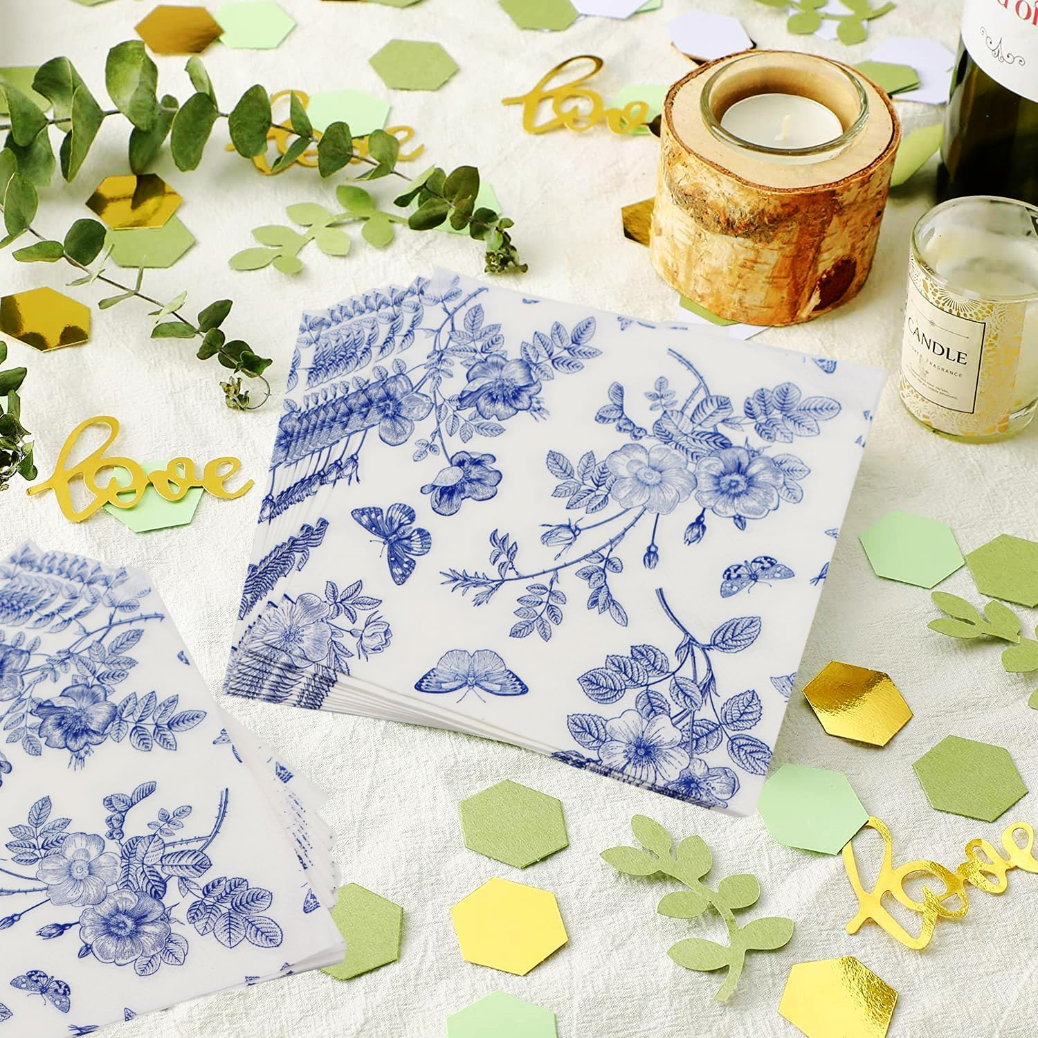 40 Pack Blue White Floral Luncheon Napkins - Fancy Dessert Paper Napkins for Tea Party, Baby Shower, Birthday Party Supplies Decor