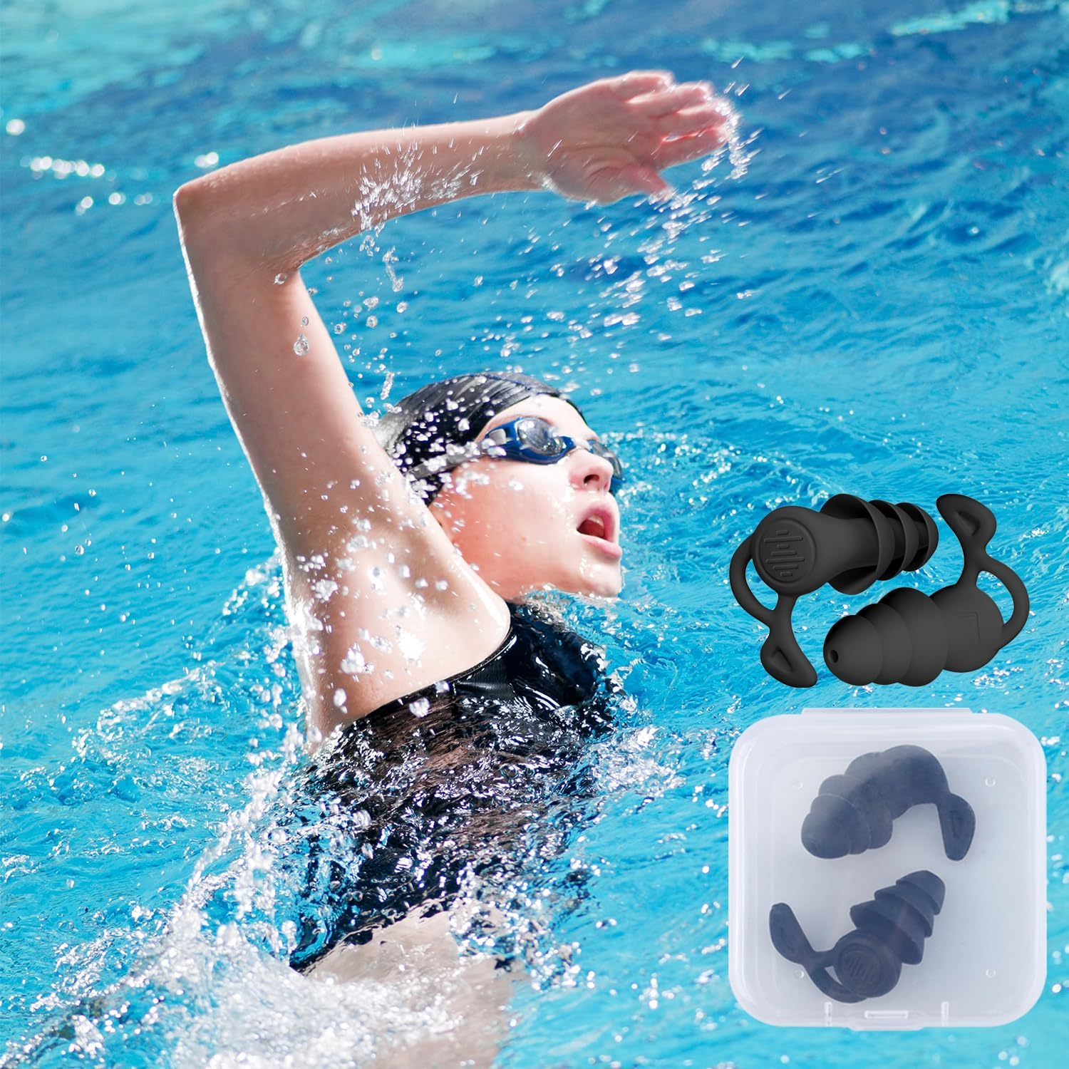 Reusable Silicone Ear Plugs for Swimming, Surfing, Water Skiing, Canoeing, Bathing, Hearing Protection, Learning, Working - 4 Pairs (Black, White, Blue, Purple) image number 4