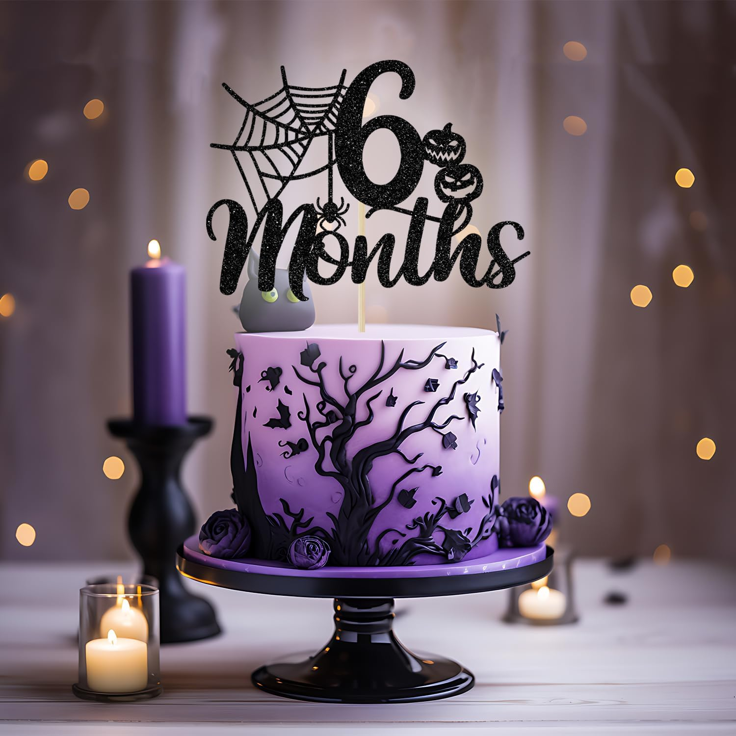 Halloween 6 Months Cake Topper, Halloween Half Birthday Cake Topper, Spider Web Half Birthday Decor, Halloween Themed Birthday Baby Shower Party Decorations, Black Glitter image number 1