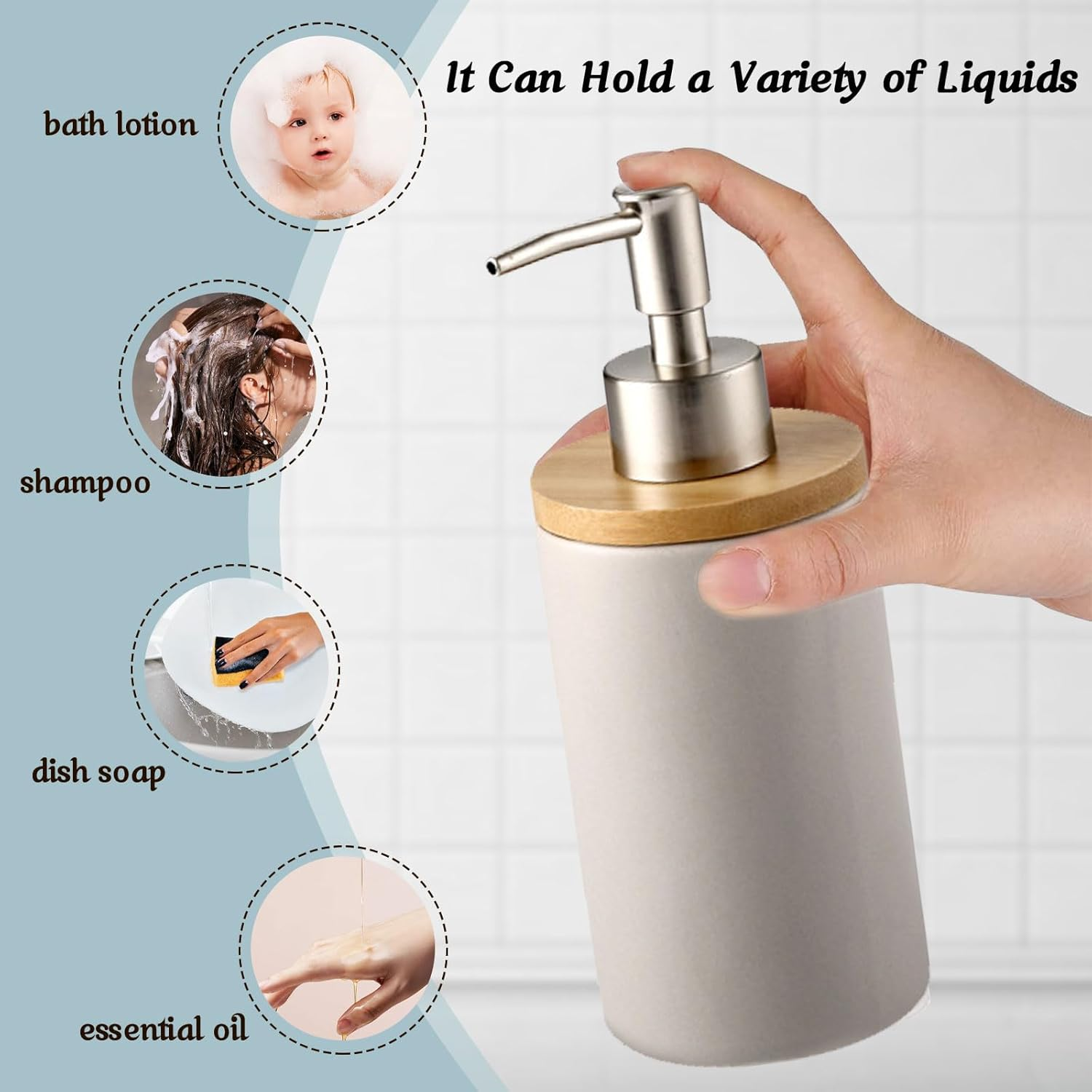 2Pcs Ceramic Dish Soap Hand Soap Dispenser, 400Ml Hand Soap Dispenser Set Kitchen Decorative Pump Jar Dispenser Refillable Liquid Wash Dispenser Bottle for Bathroom, Countertop, Kitchen (Grey) - Black image number 4